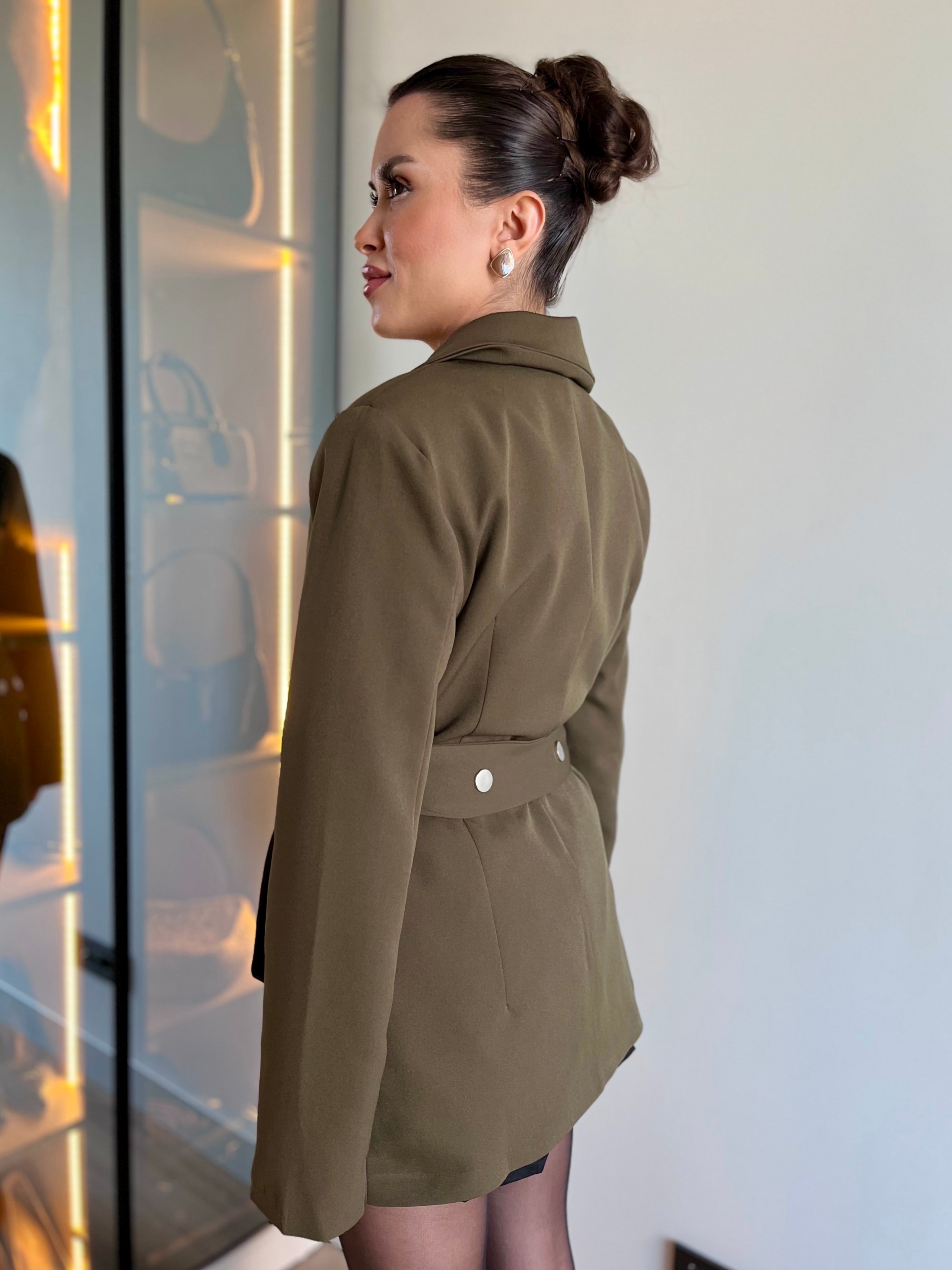 Zımba Düğmeli Siyah Kruvaze Ceket  - Haki yeşili