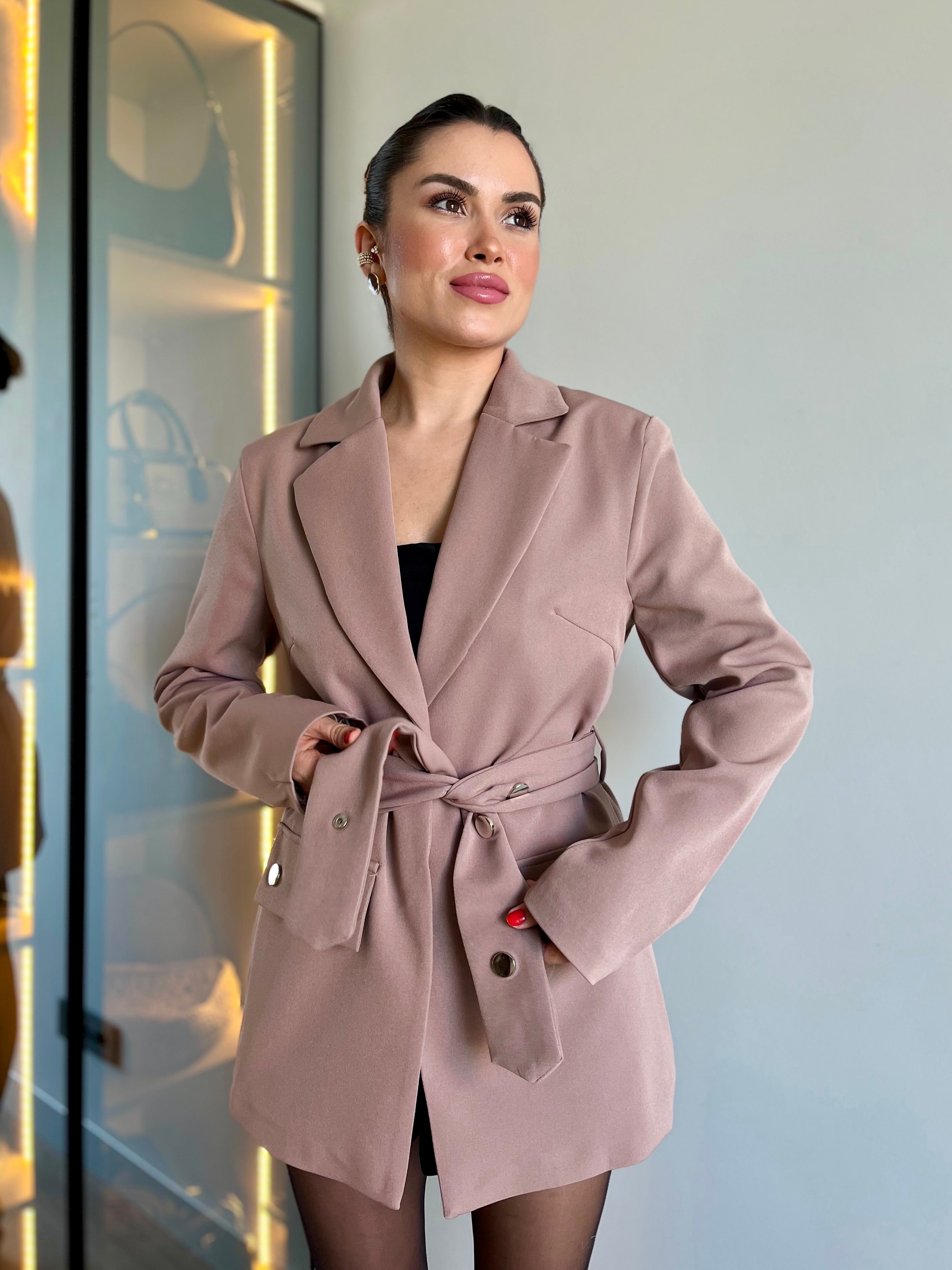 Zımba Düğmeli Siyah Kruvaze Ceket  - Toz pembe