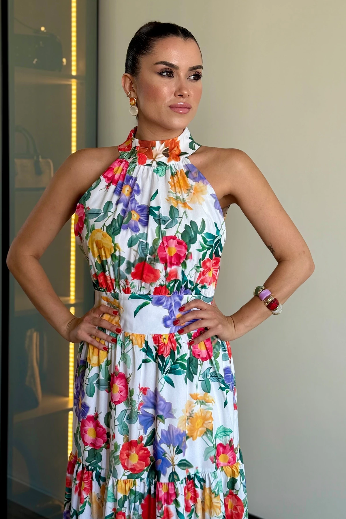 Çiçek Desenli Maxi Elbise - desenli