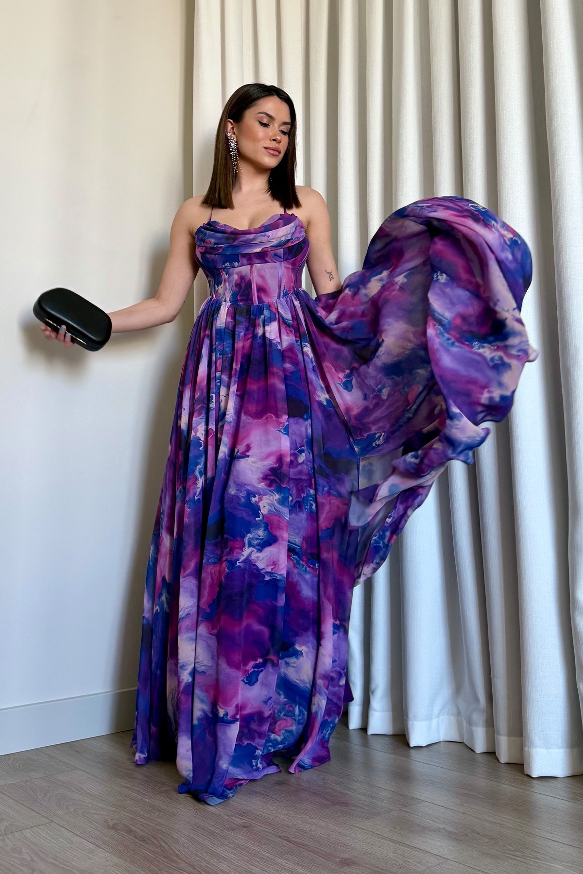 Batik Desenli Straplez askılı Abiye Elbise - Mor