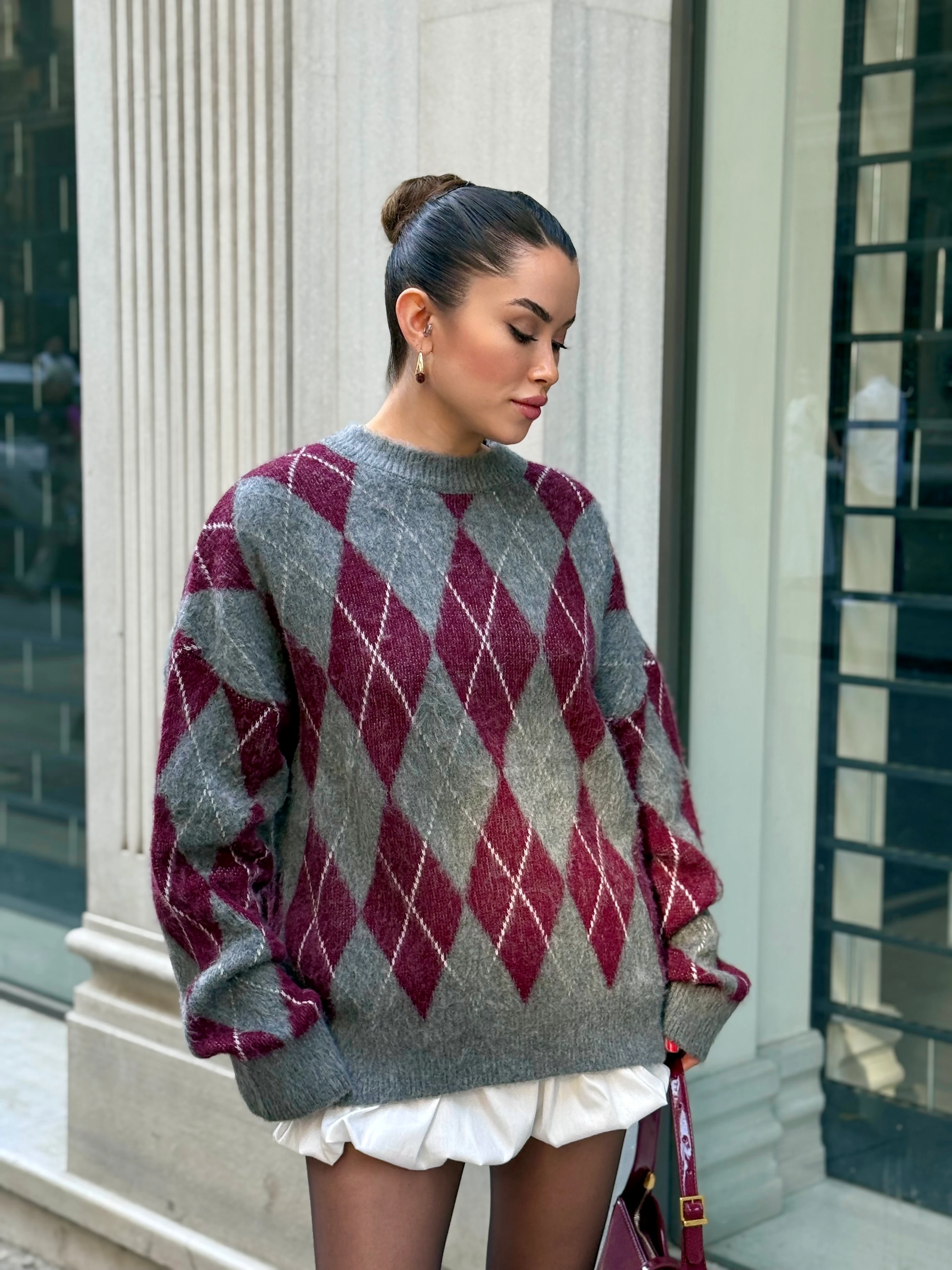 Bordo Gri Baklava Desen Kazak - Bordo