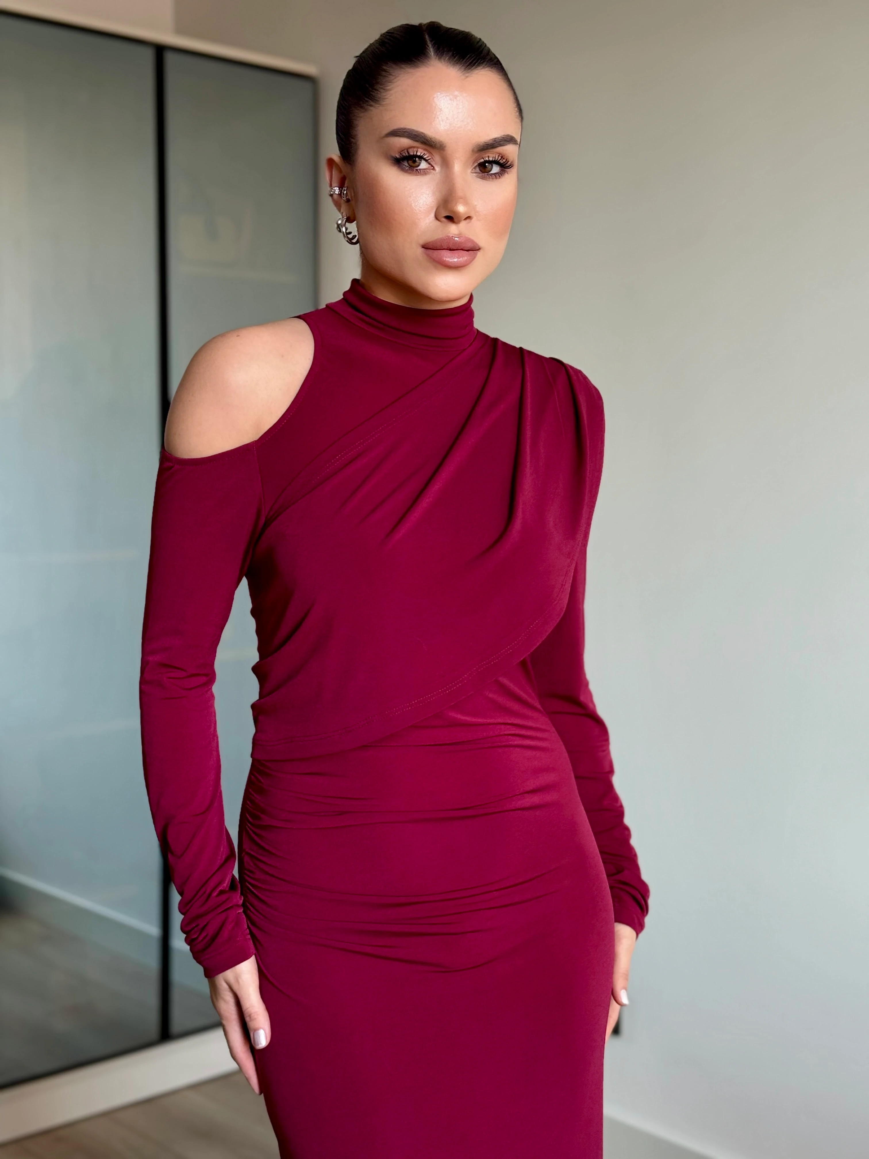 Omuz Pencereli Elbise - Bordo