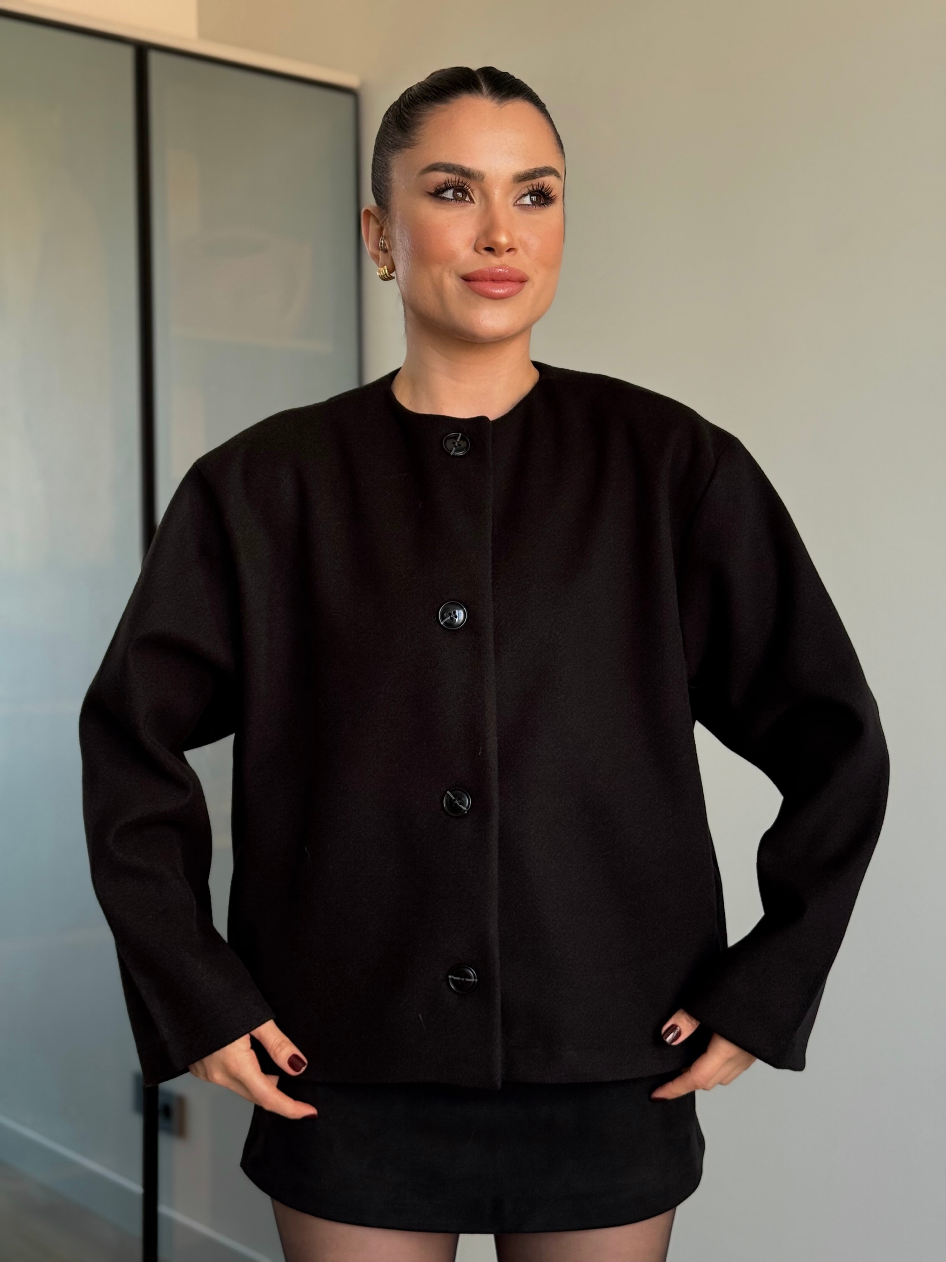 Şal Detay Kaşe Kaban - Siyah