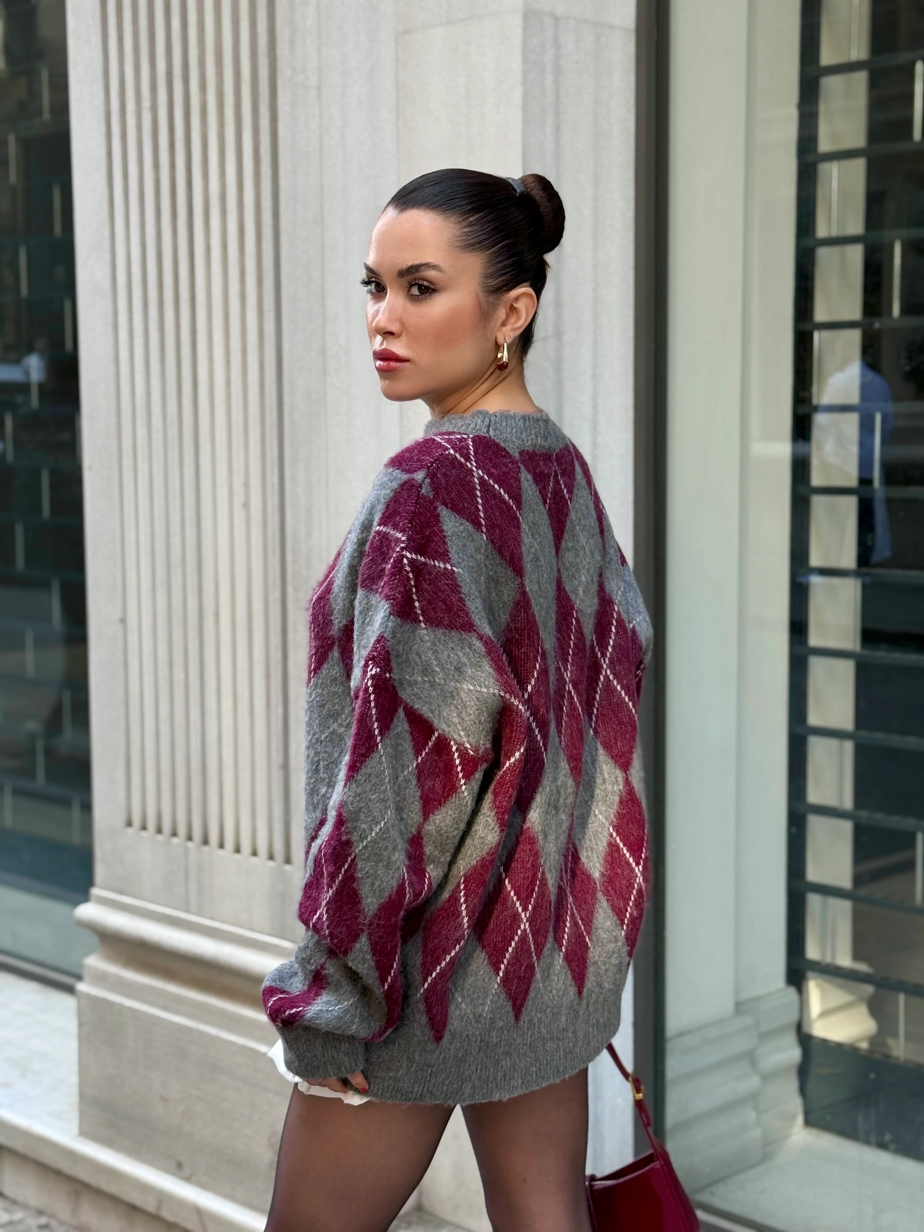 Bordo Gri Baklava Desen Kazak - Bordo