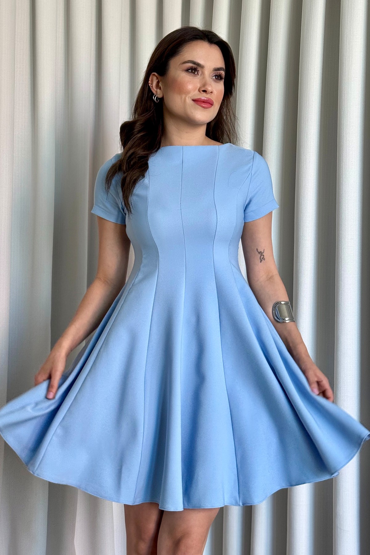 Oval Yaka Kiloş Elbise - Mavi