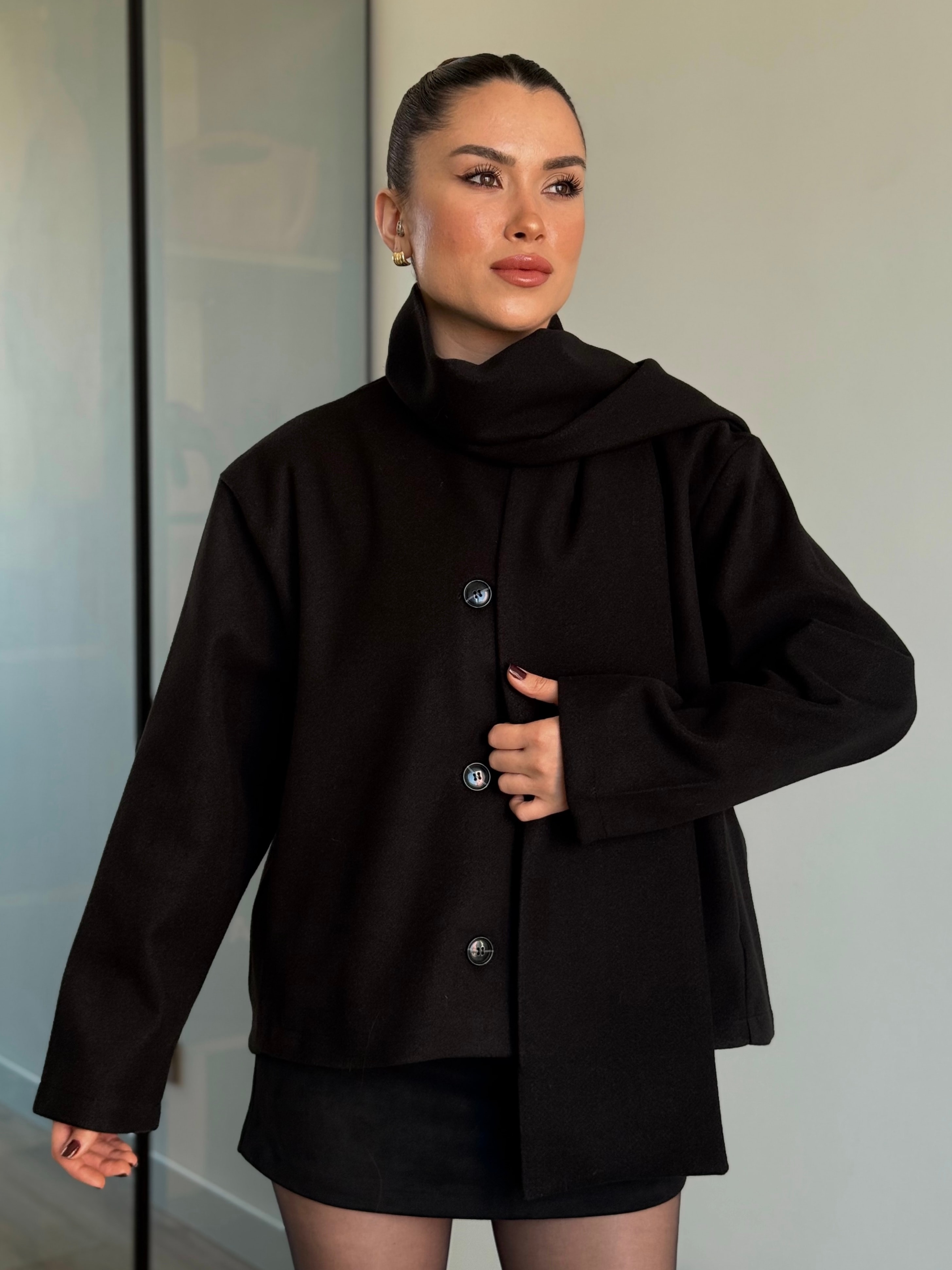 Şal Detay Kaşe Kaban - Siyah