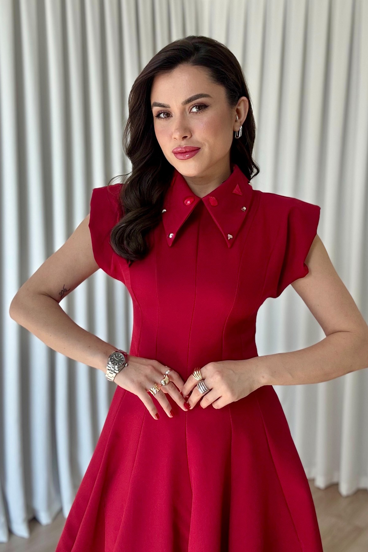 Taş Yaka Elbise  - Bordo