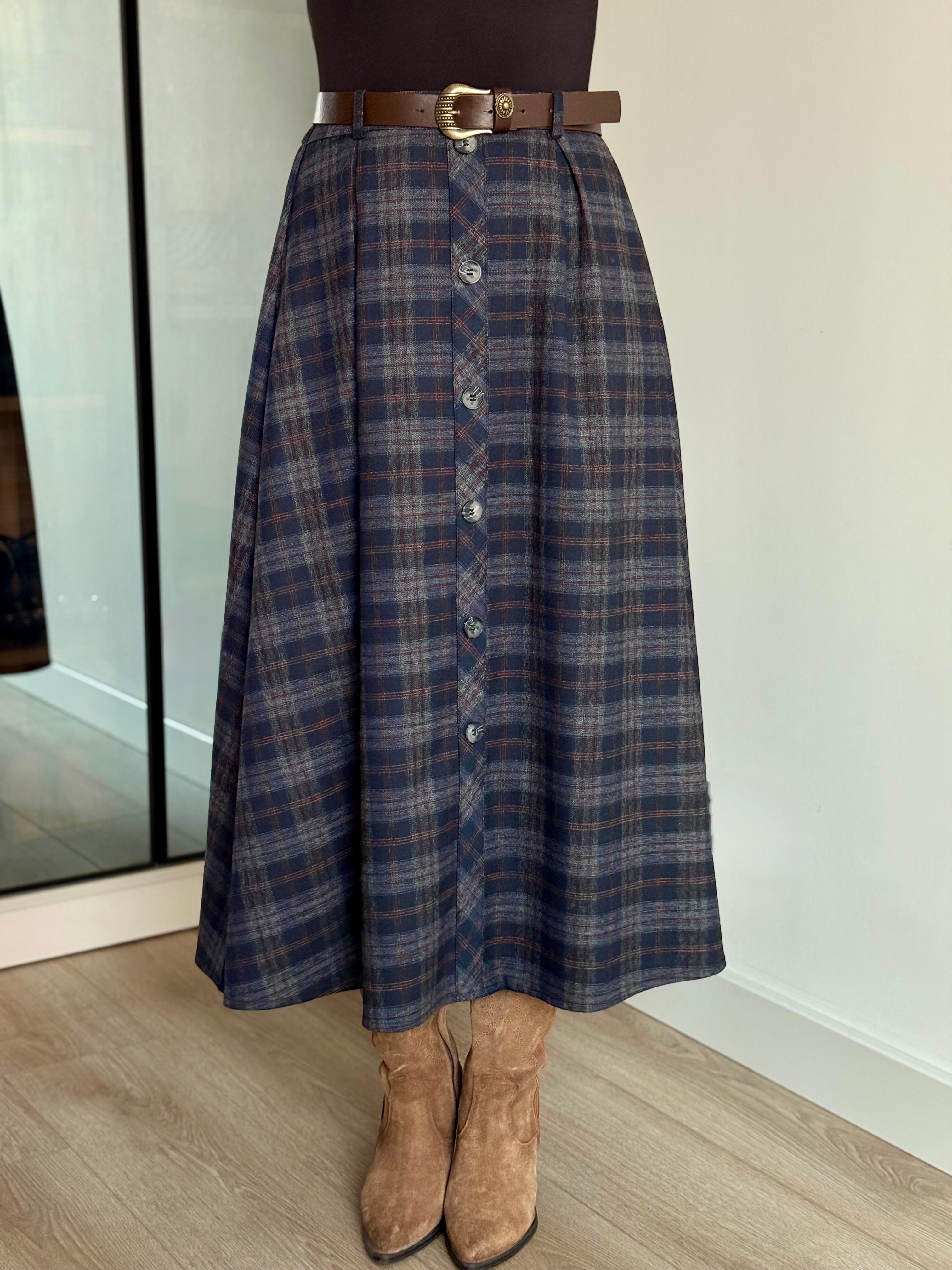 Kemerli Ekose Düğmeli Midi Etek