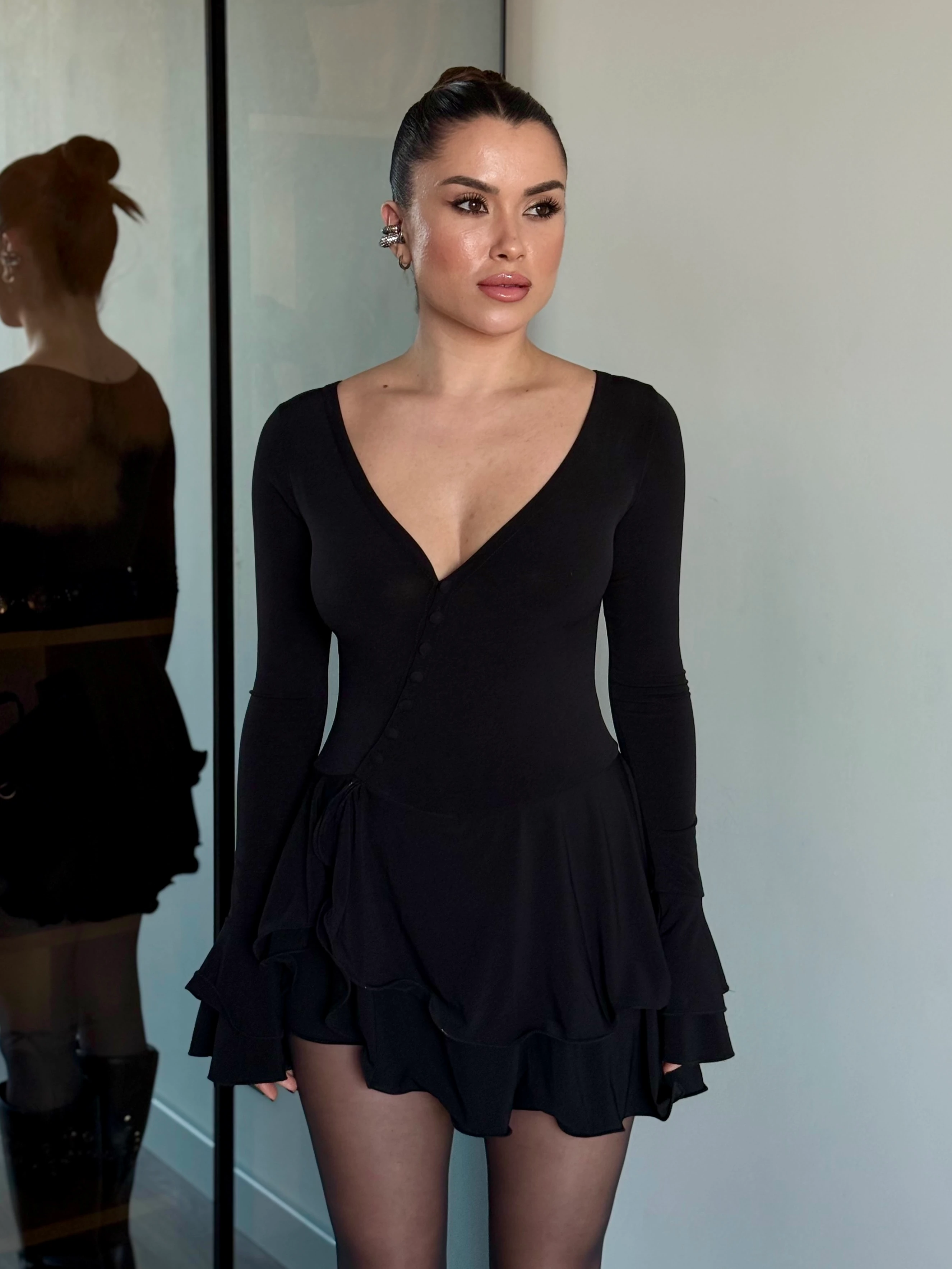 Şortlu Fırfır Elbise - Siyah