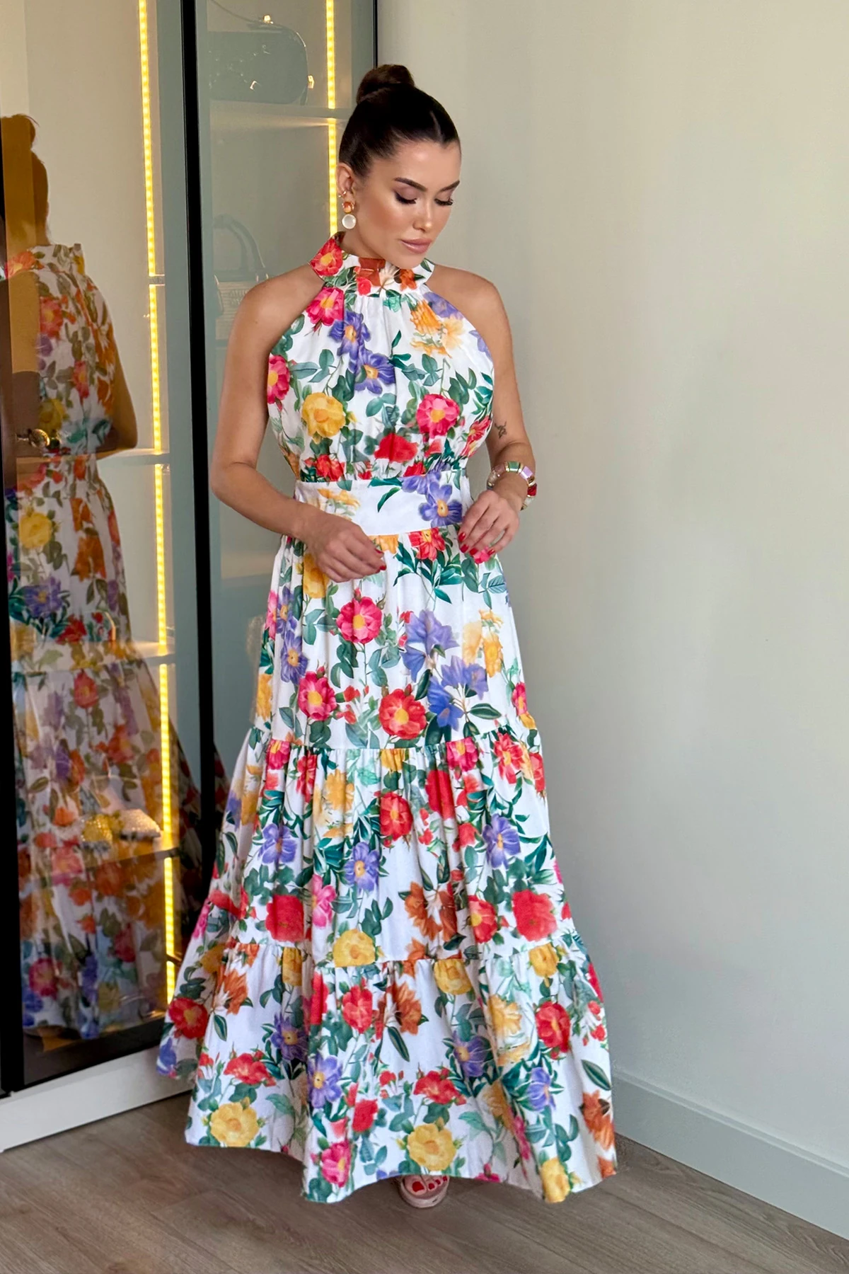 Çiçek Desenli Maxi Elbise - desenli