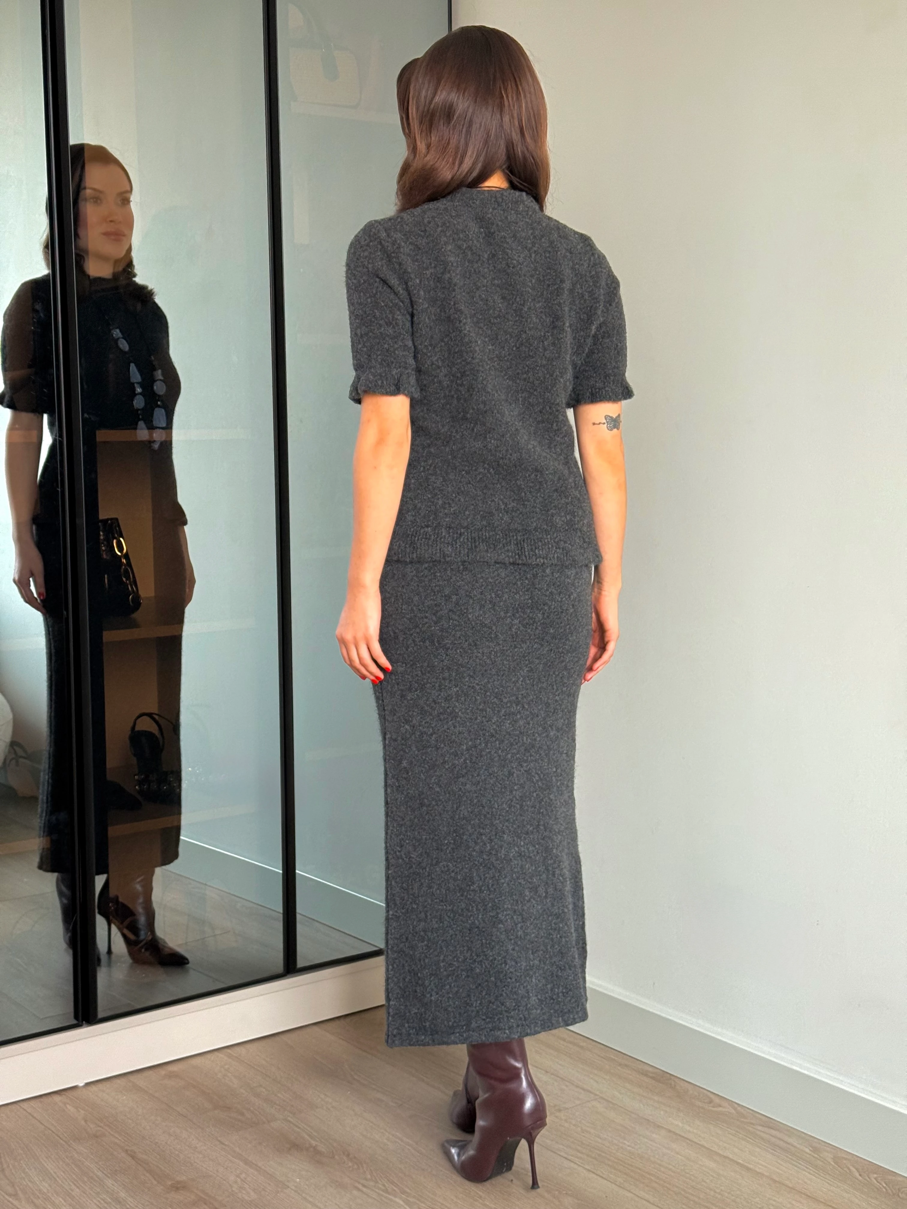 Etek-Bluz Triko Takım - Gri