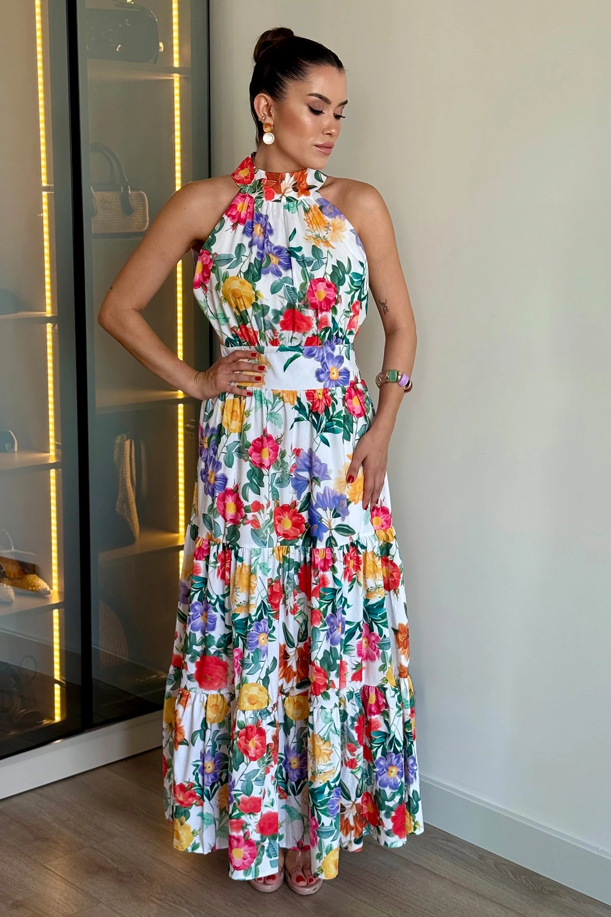 Çiçek Desenli Maxi Elbise - desenli