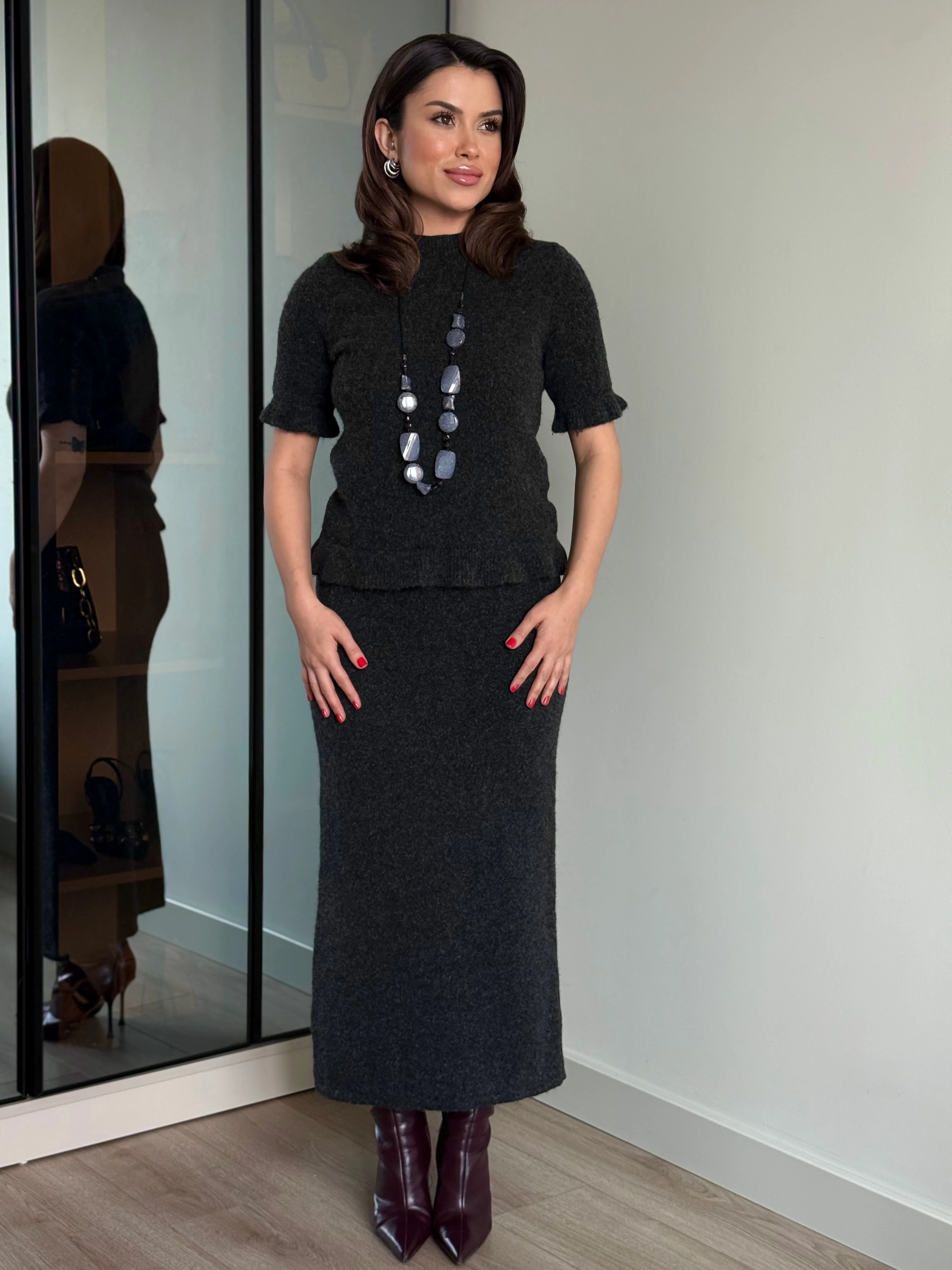 Etek-Bluz Triko Takım - Gri