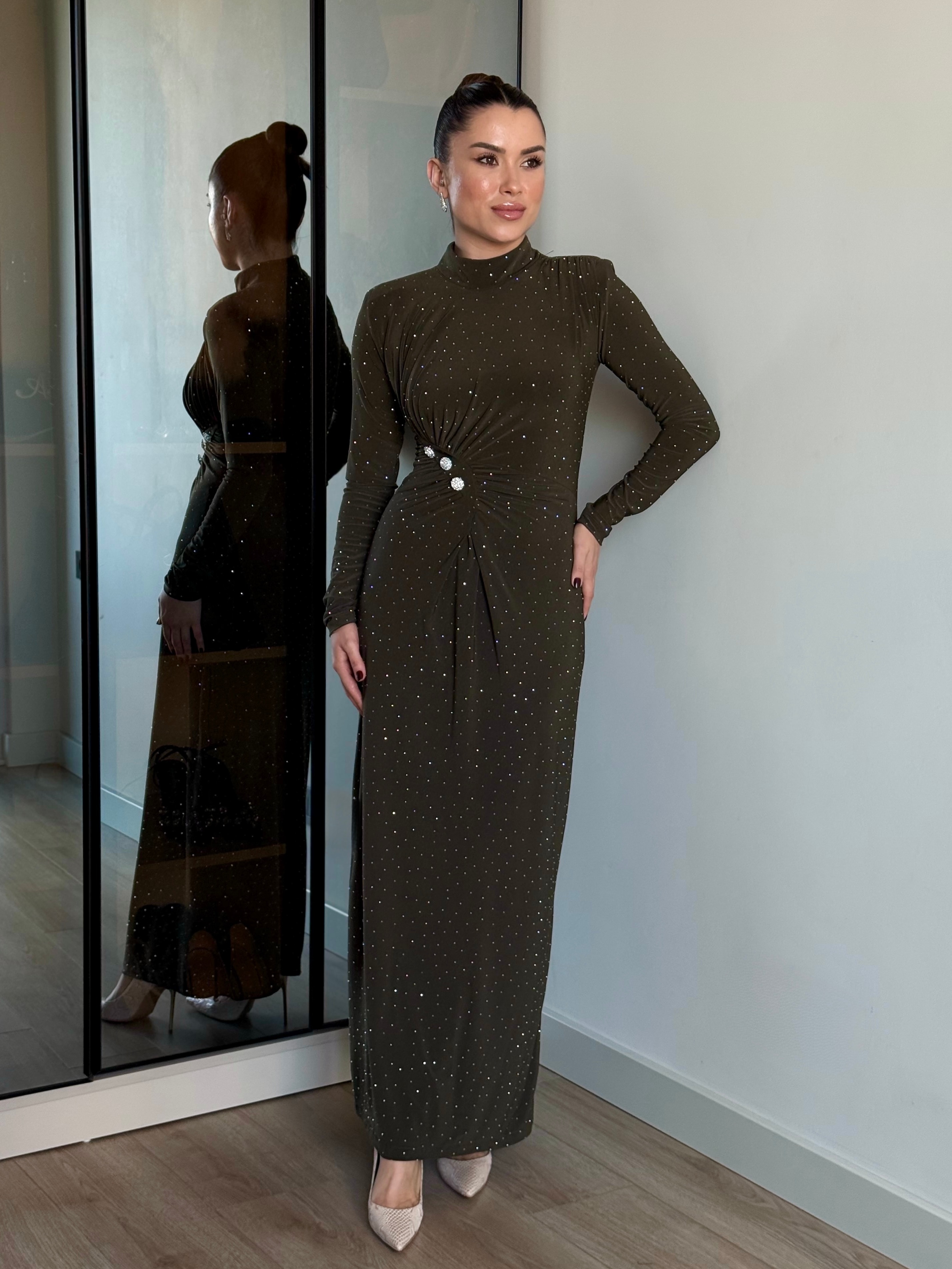 Full Taş Uzun Elbise - Haki yeşili