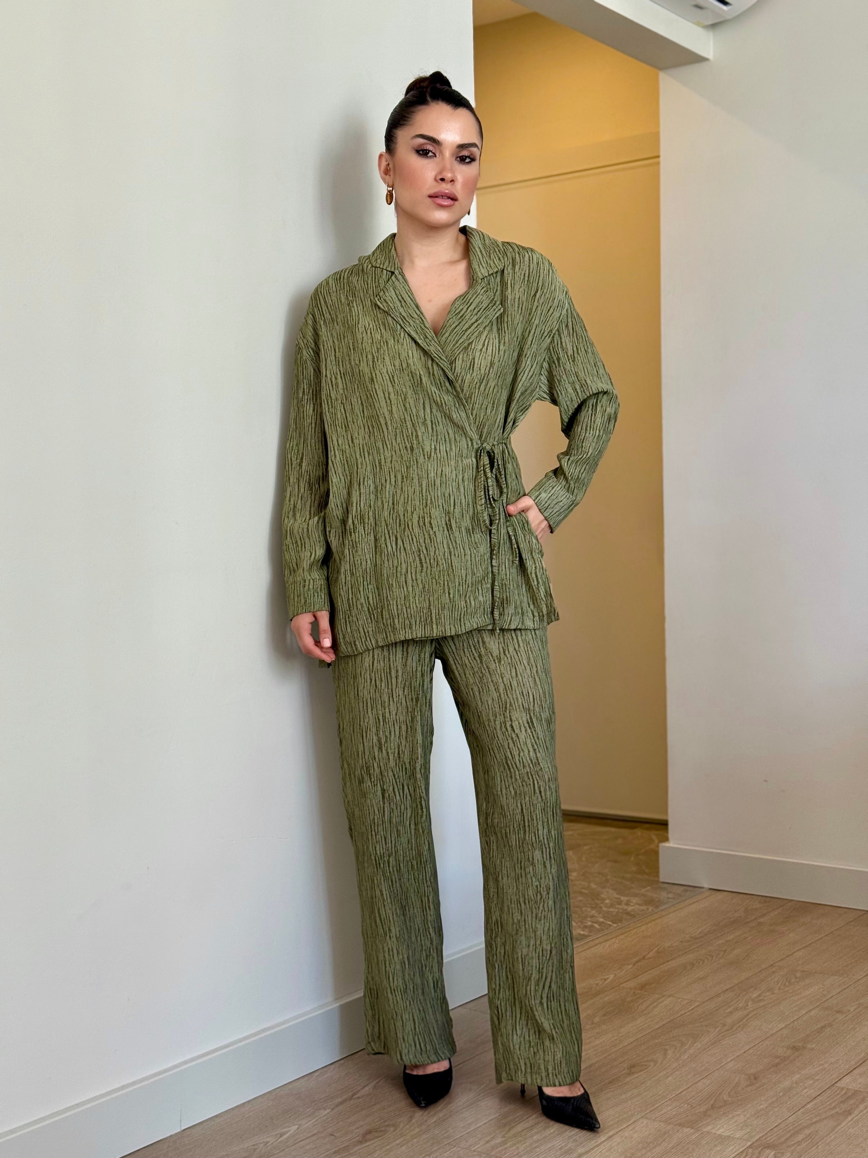 Haki Beli Lastikli Üst-Alt Pantolon Takım