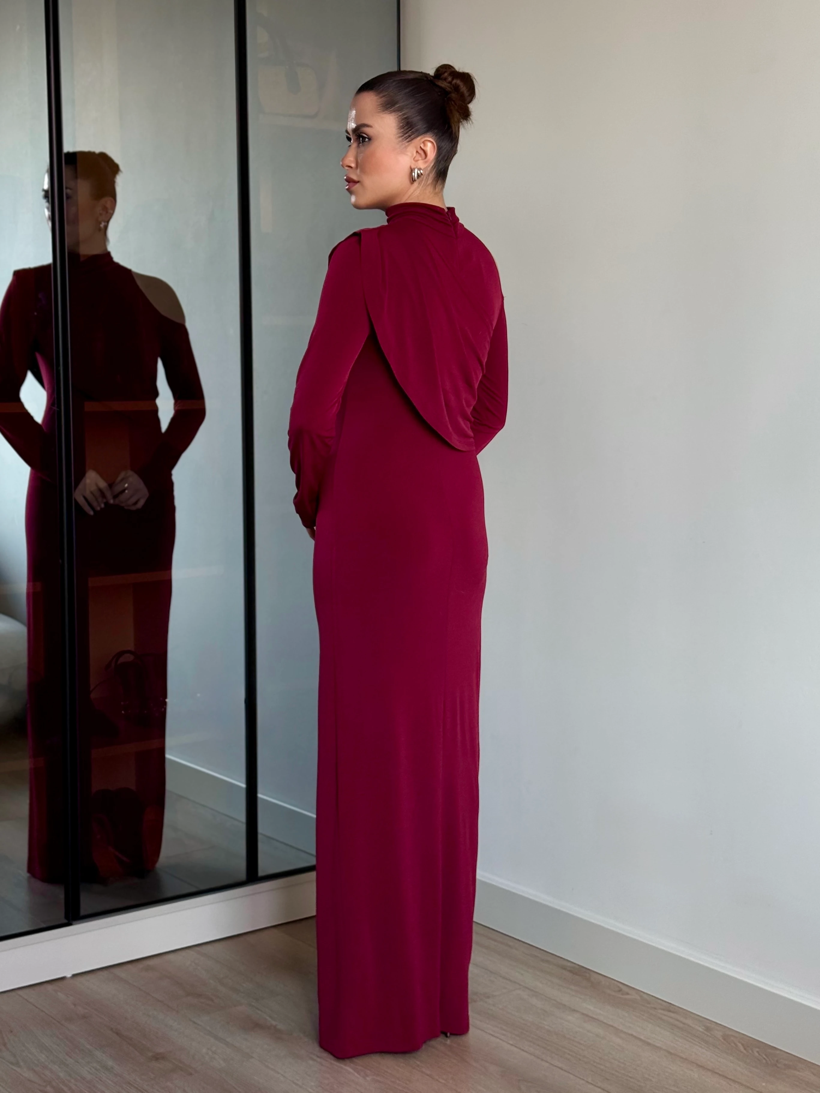 Omuz Pencereli Elbise - Bordo