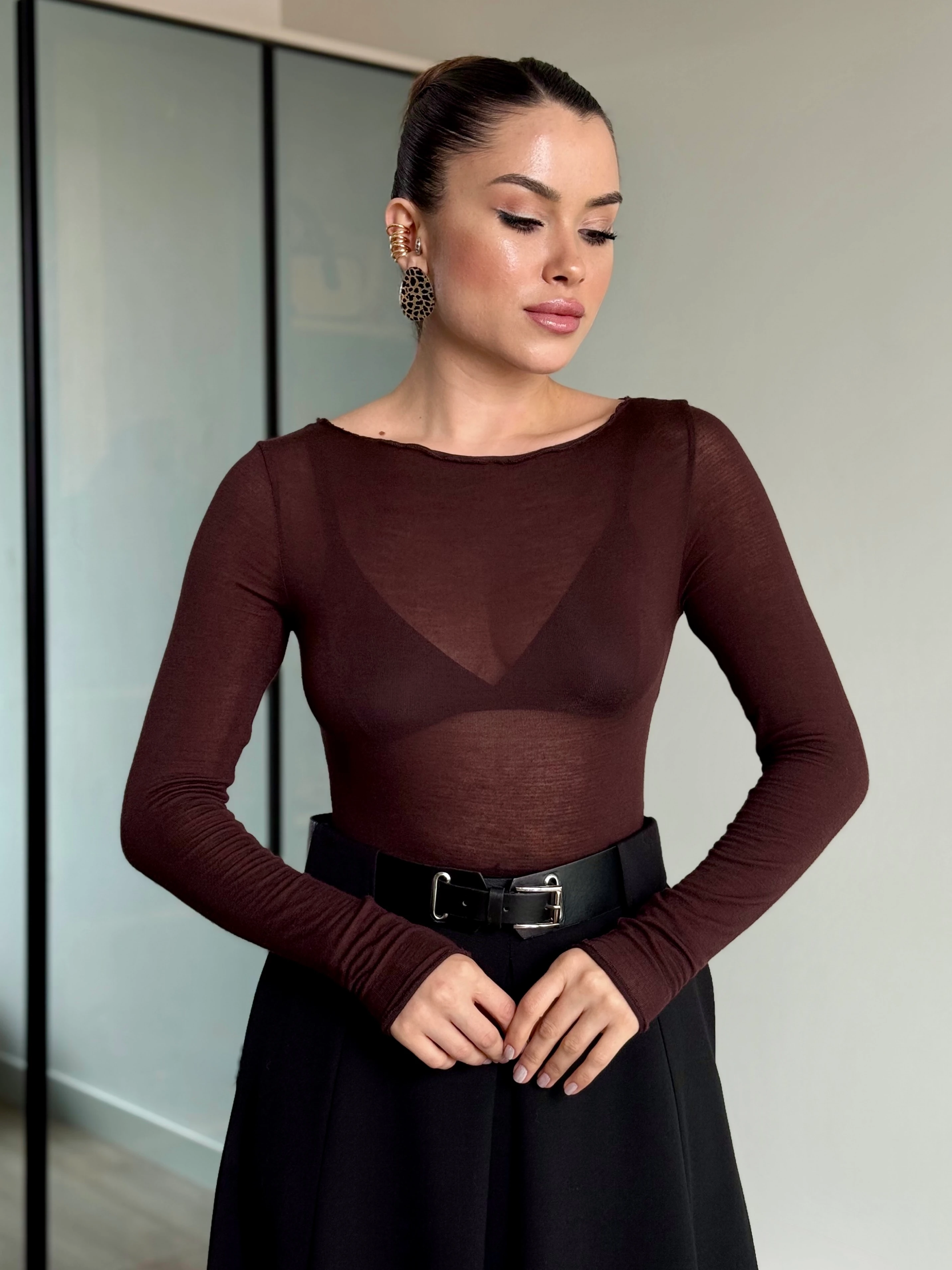 Transparan Uzun kol Bluz  - kahverengi