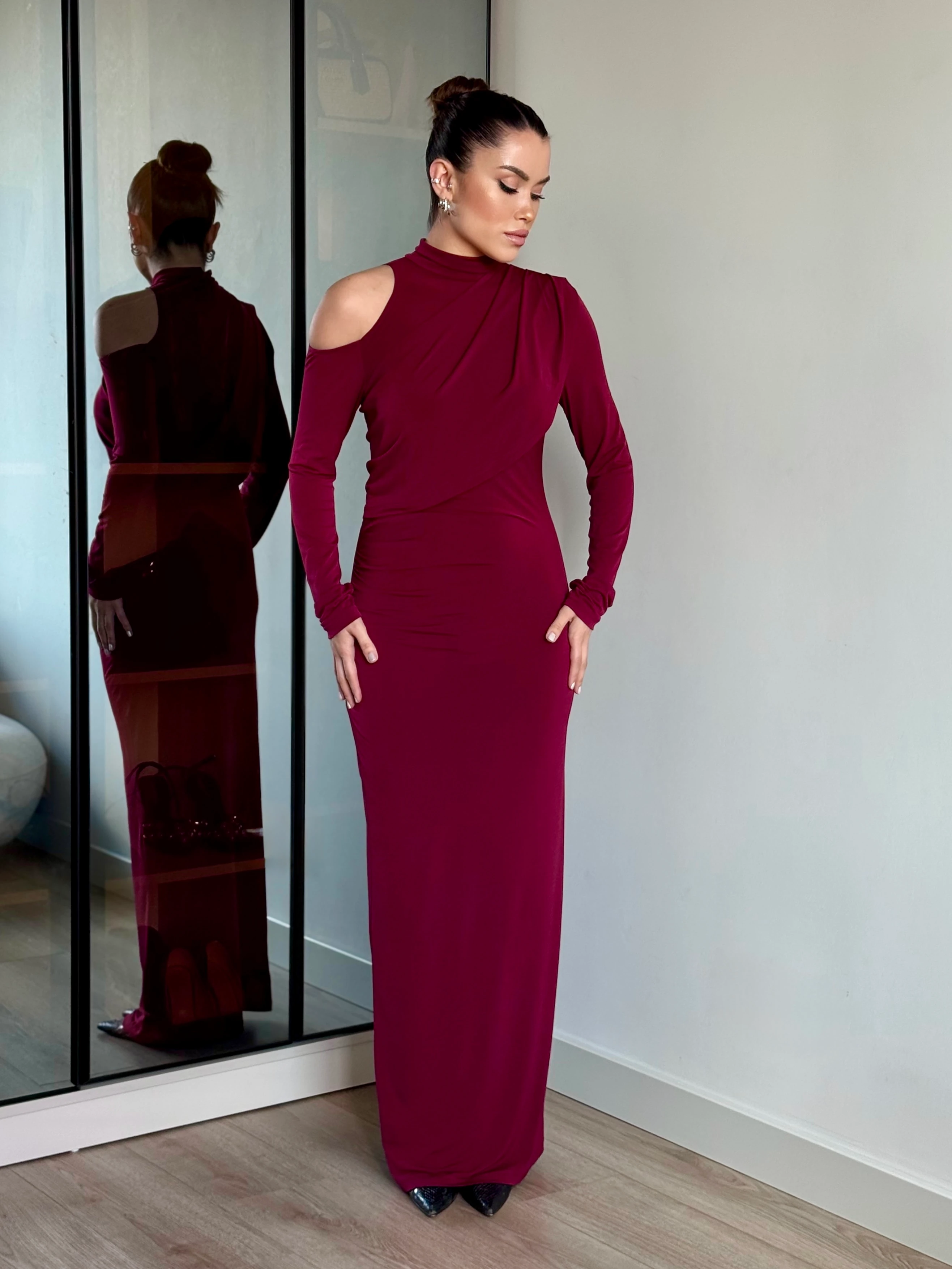 Omuz Pencereli Elbise - Bordo