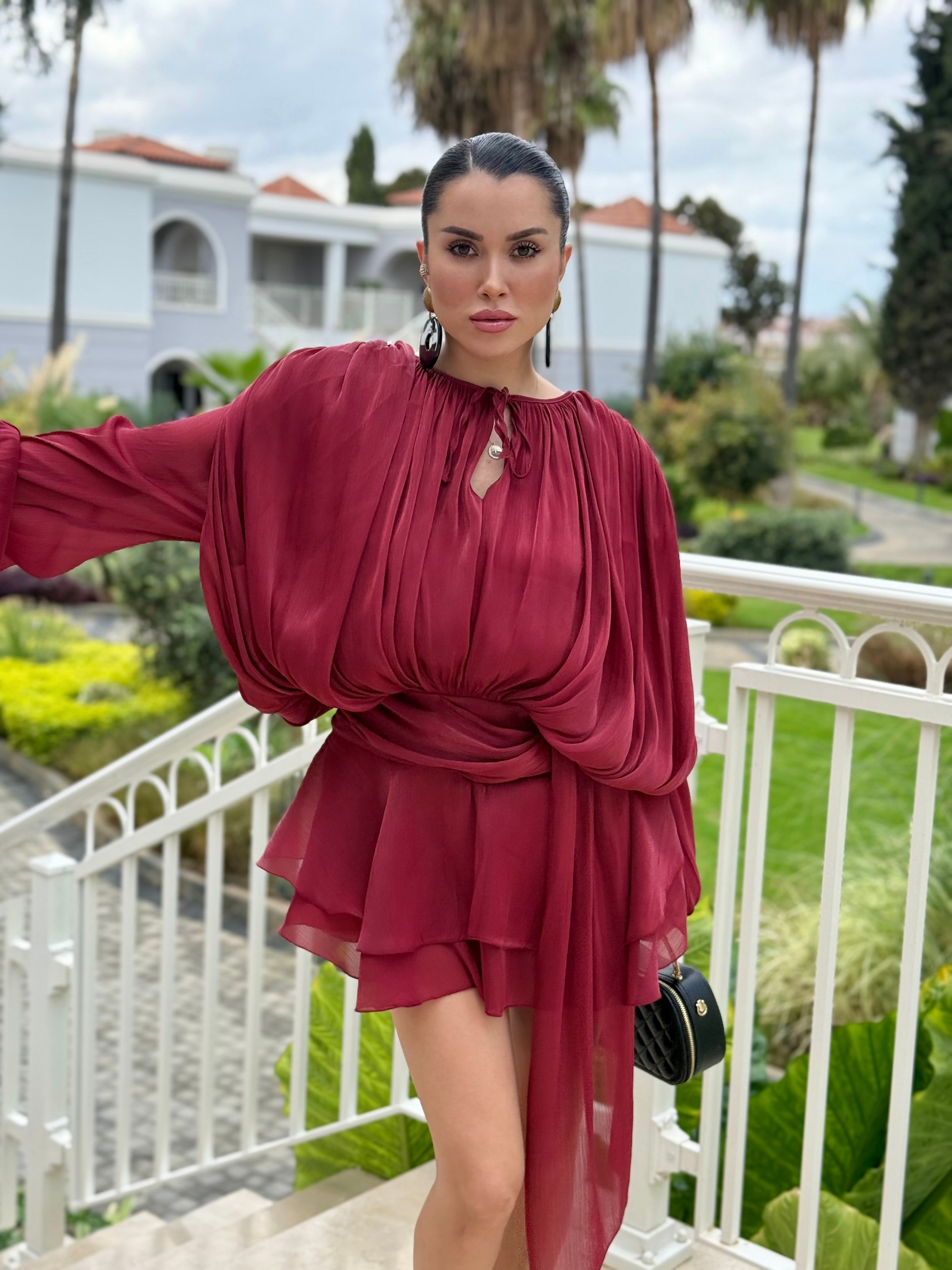Kurdela Detay Şifon Elbise  - Bordo