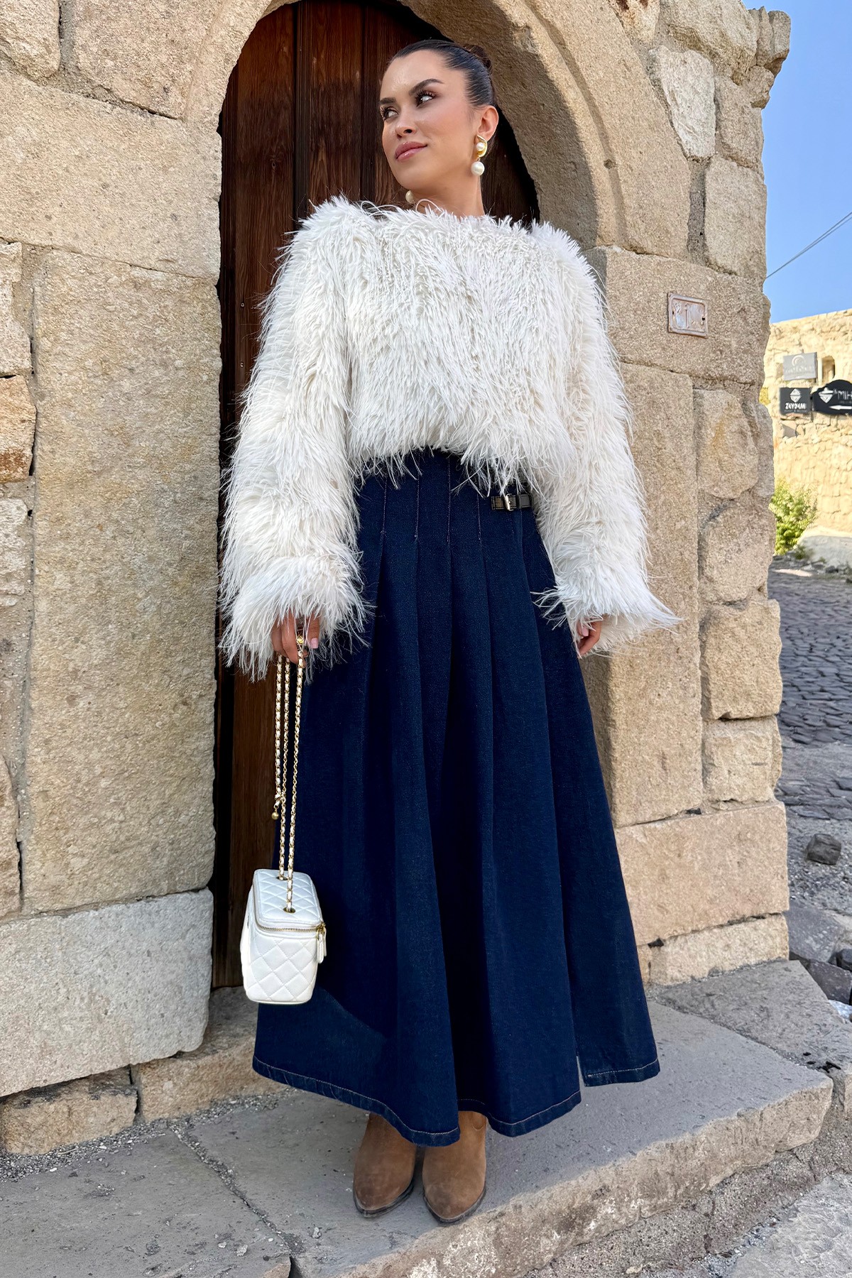 Pileli Denim Tokalı Etek