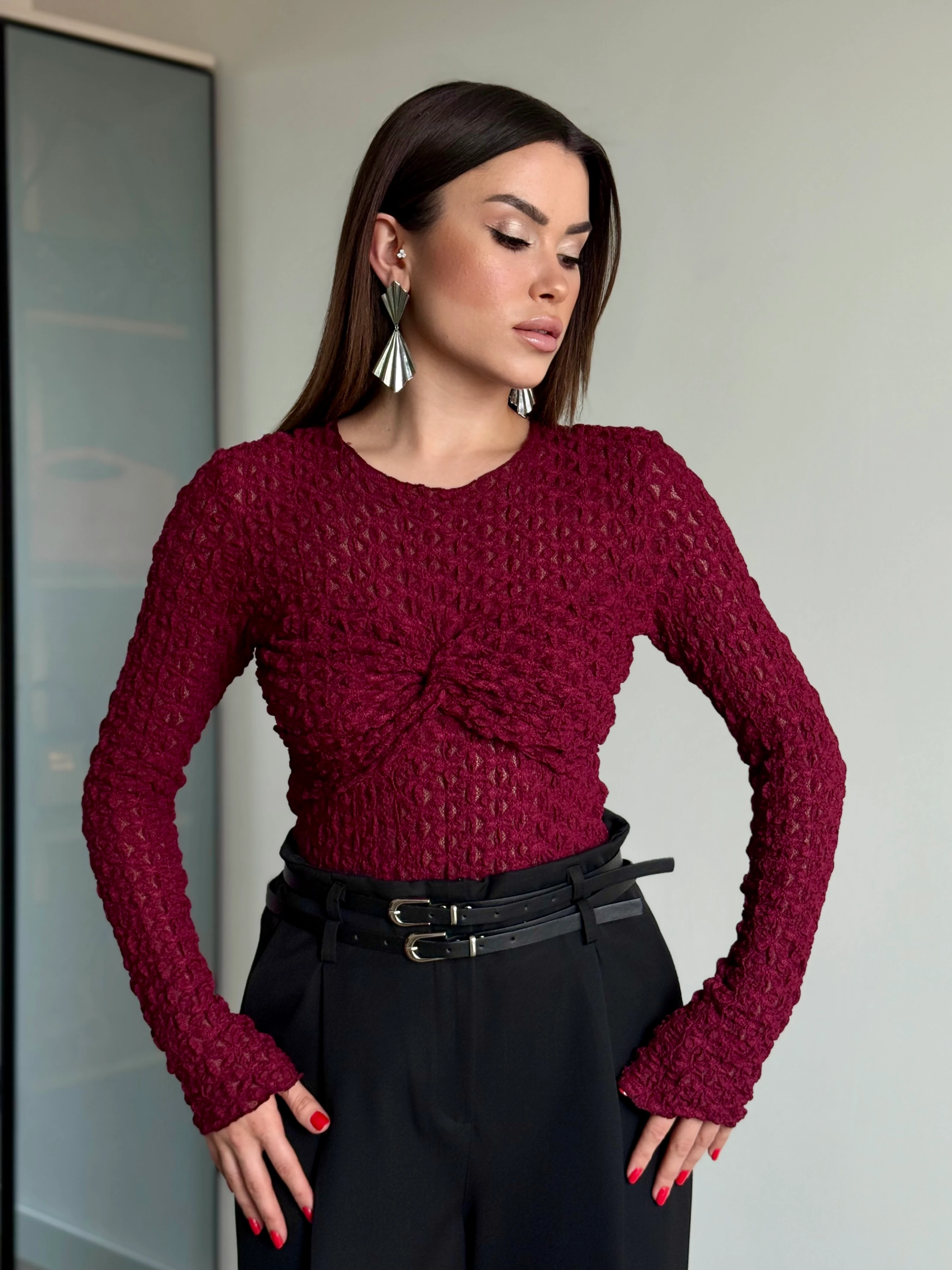 Dantel Uzun Kol Bluz - Bordo