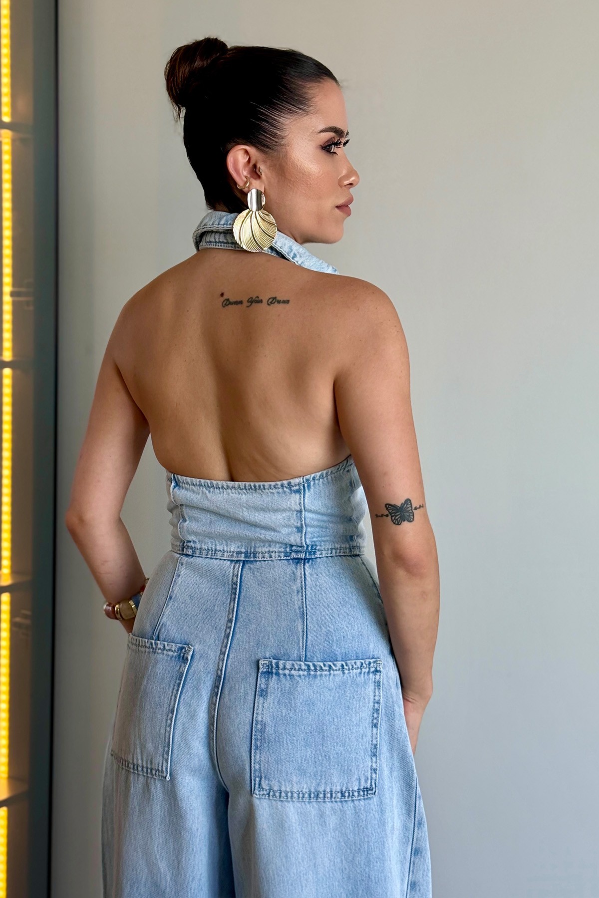 Boyundan Bağlamalı Denim Tulum