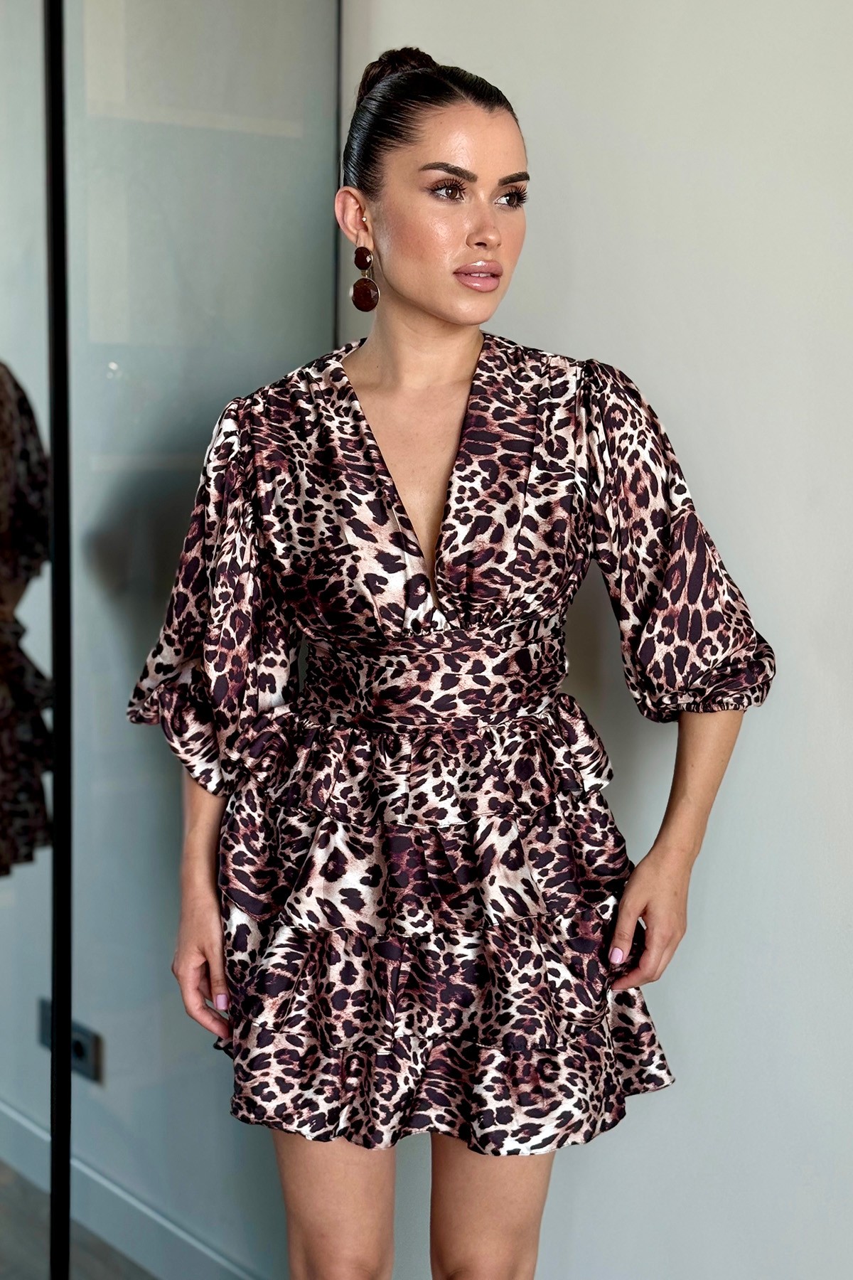 Fırfırlı Leopar Elbise