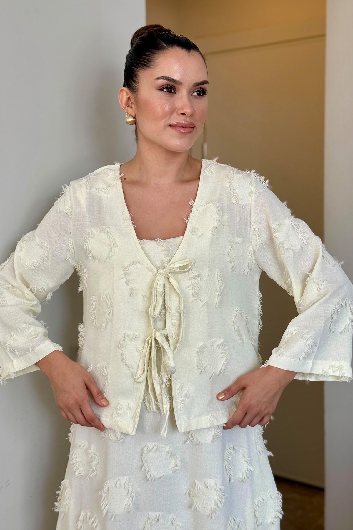 Püskül İkili Takım  - kırık beyaz