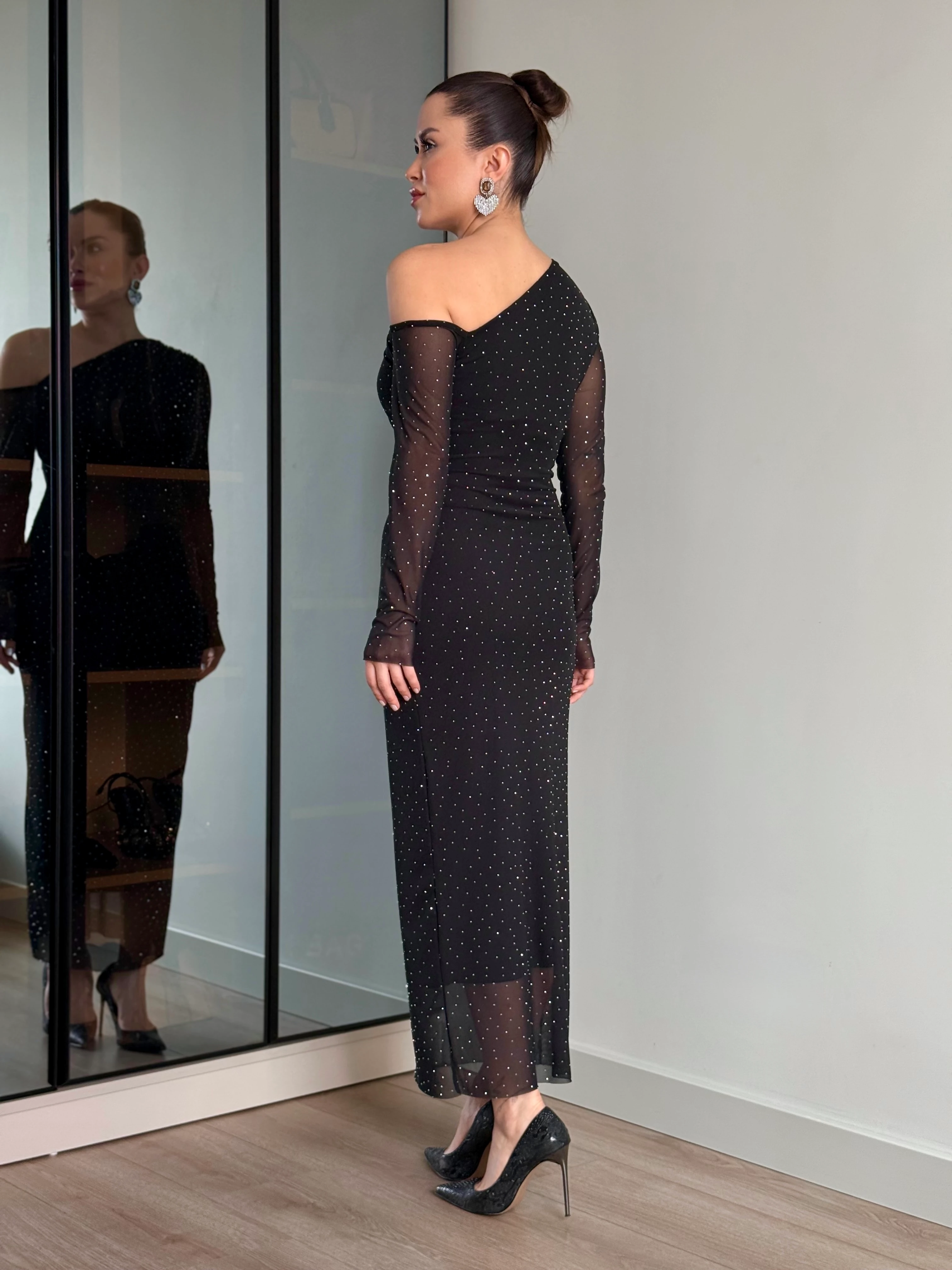 Kadın Astarlı Taşlı Tül  Elbise 