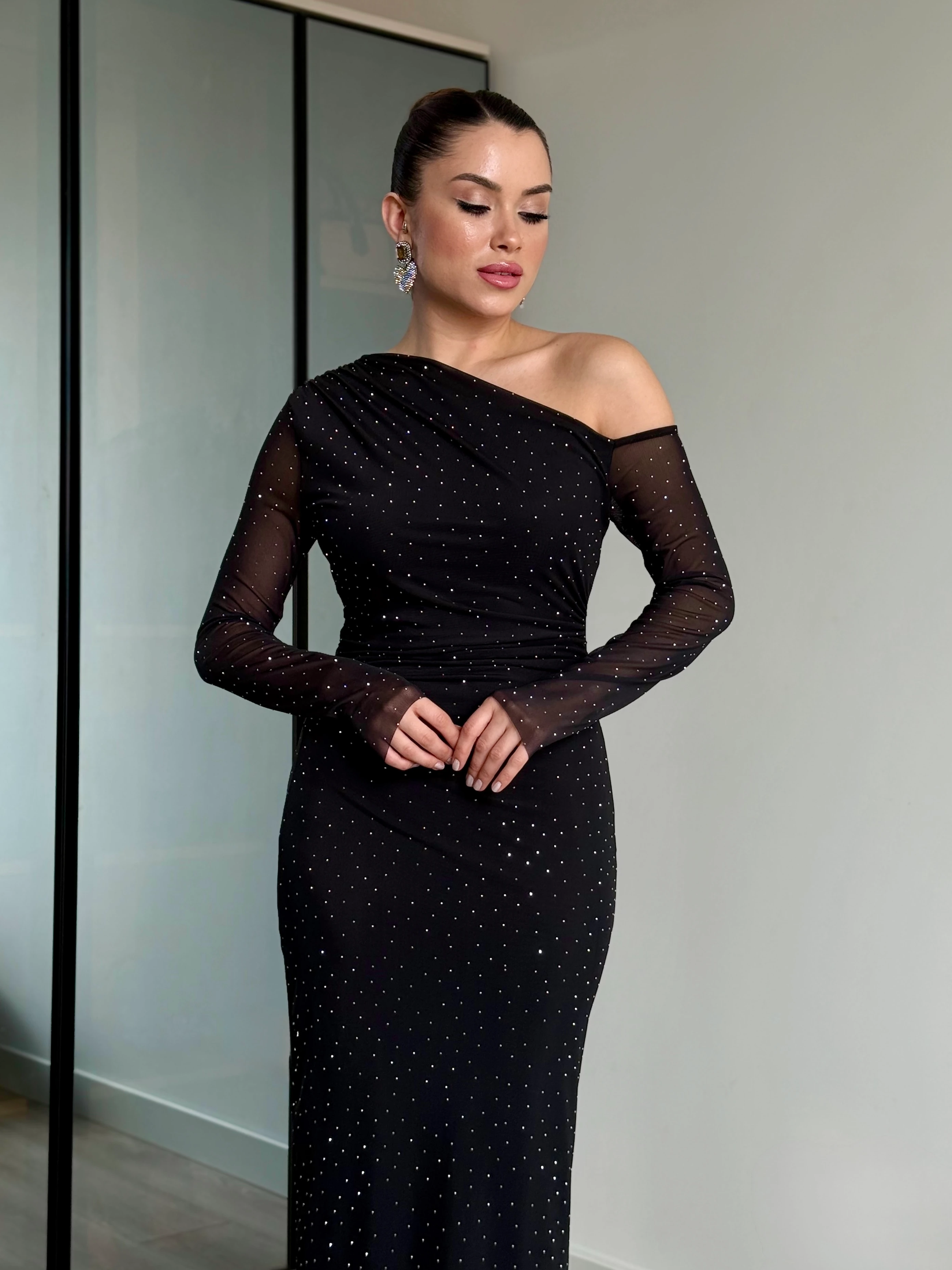 Kadın Astarlı Taşlı Tül  Elbise 