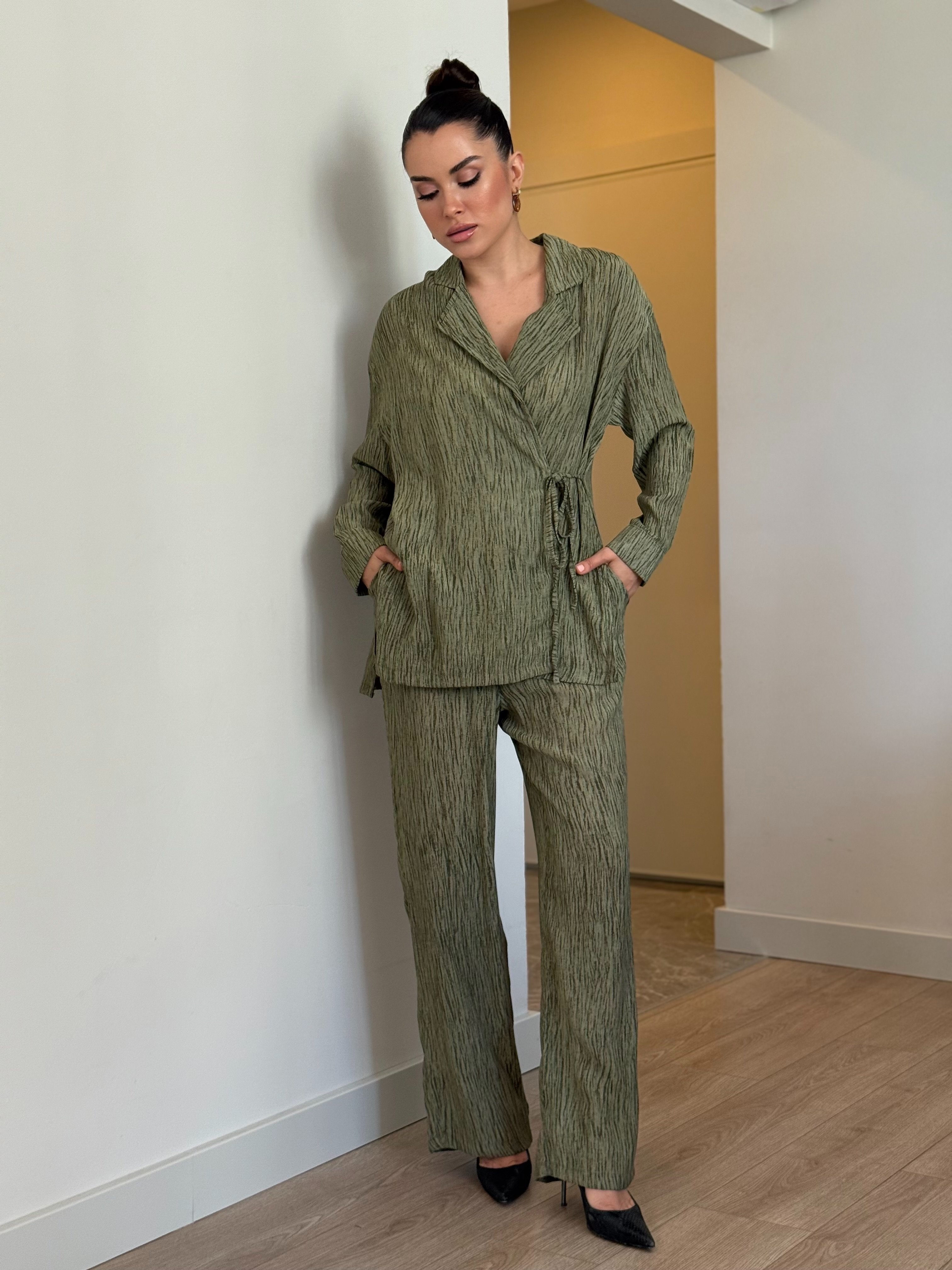 Haki Beli Lastikli Üst-Alt Pantolon Takım