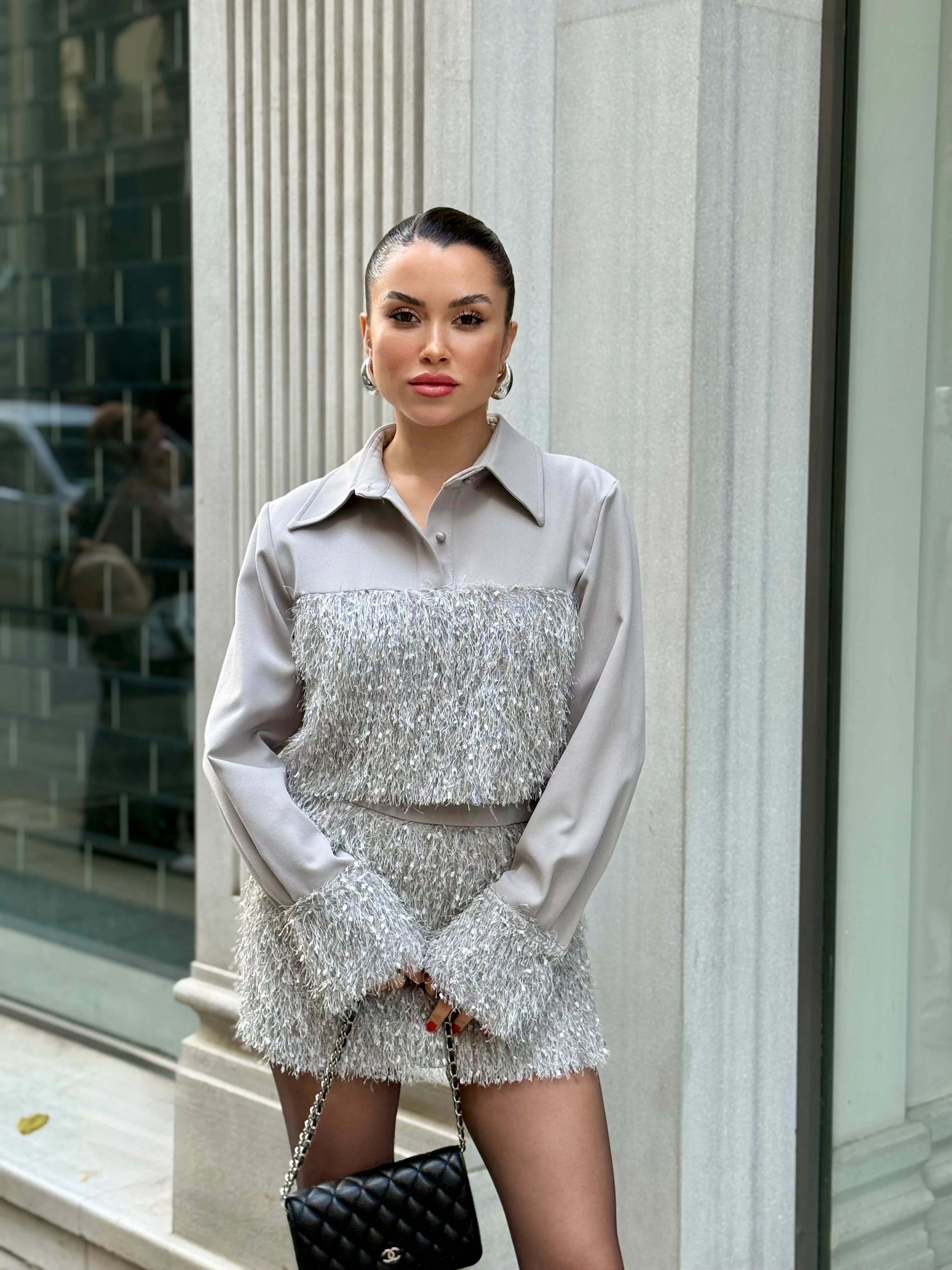 Saçaklı Etek Takım - Gri