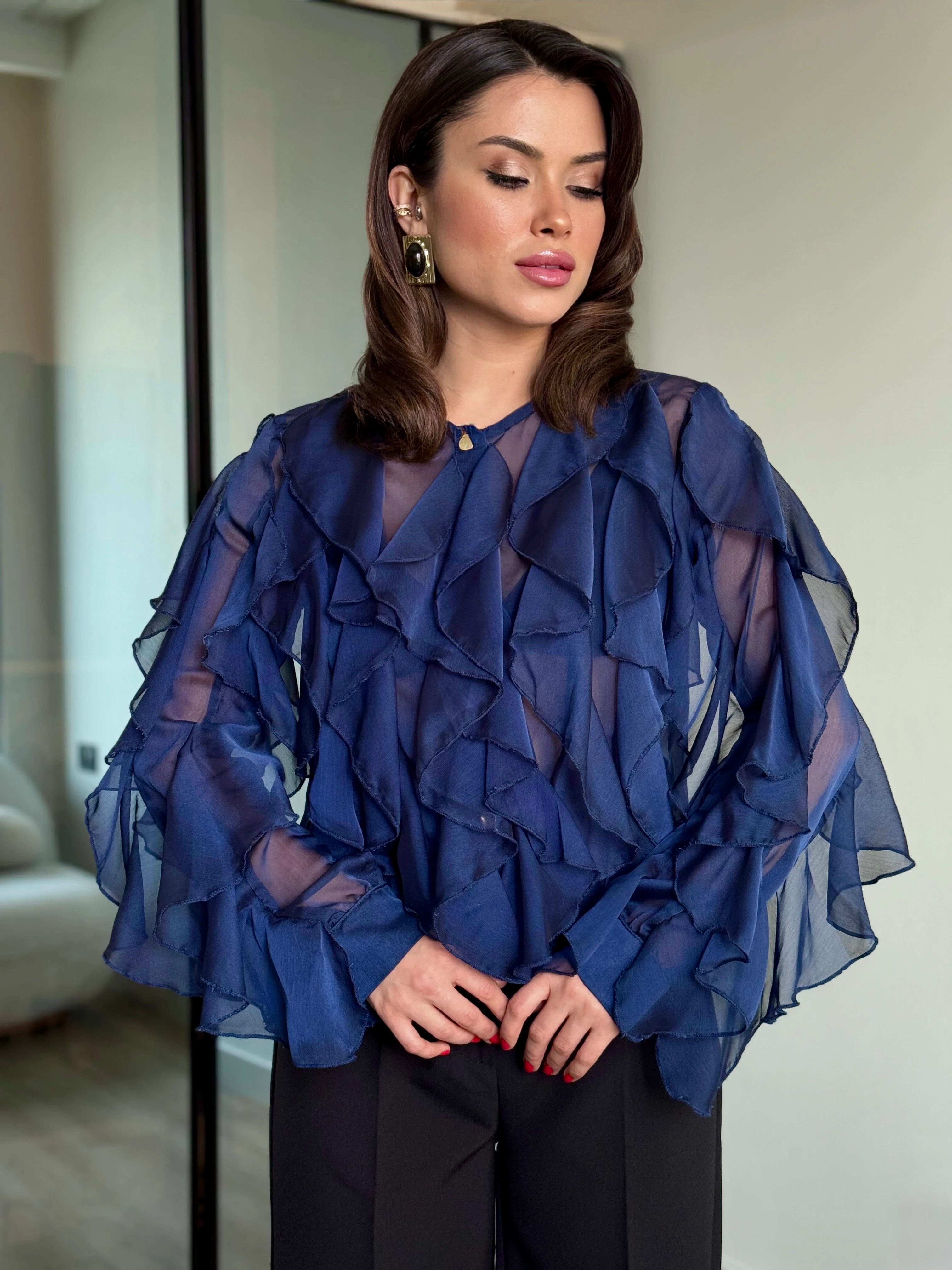 Fırfırlı Tasarım Gömlek - Lacivert