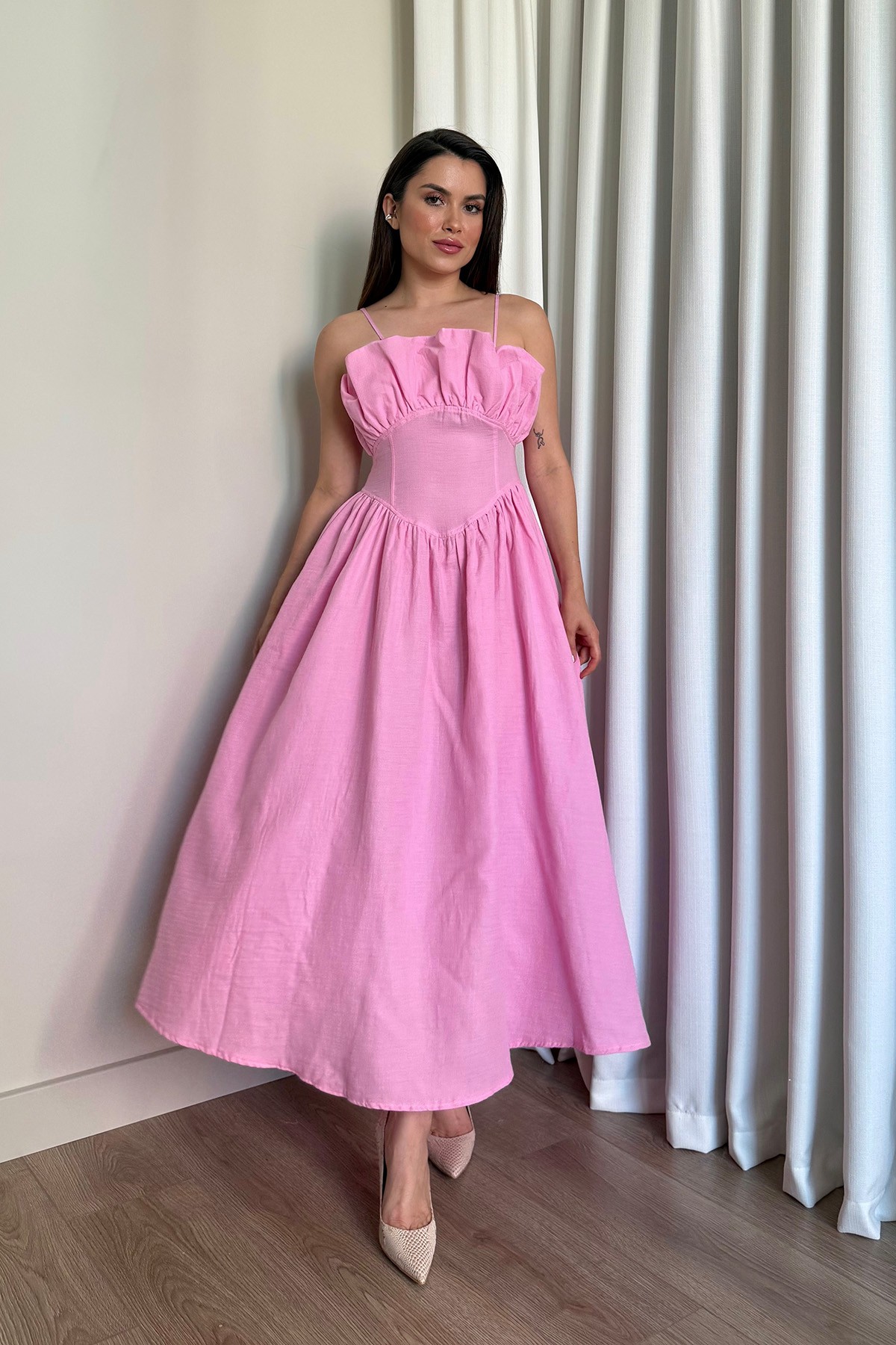 Korse Detay Midi Boy Elbise - Pembe