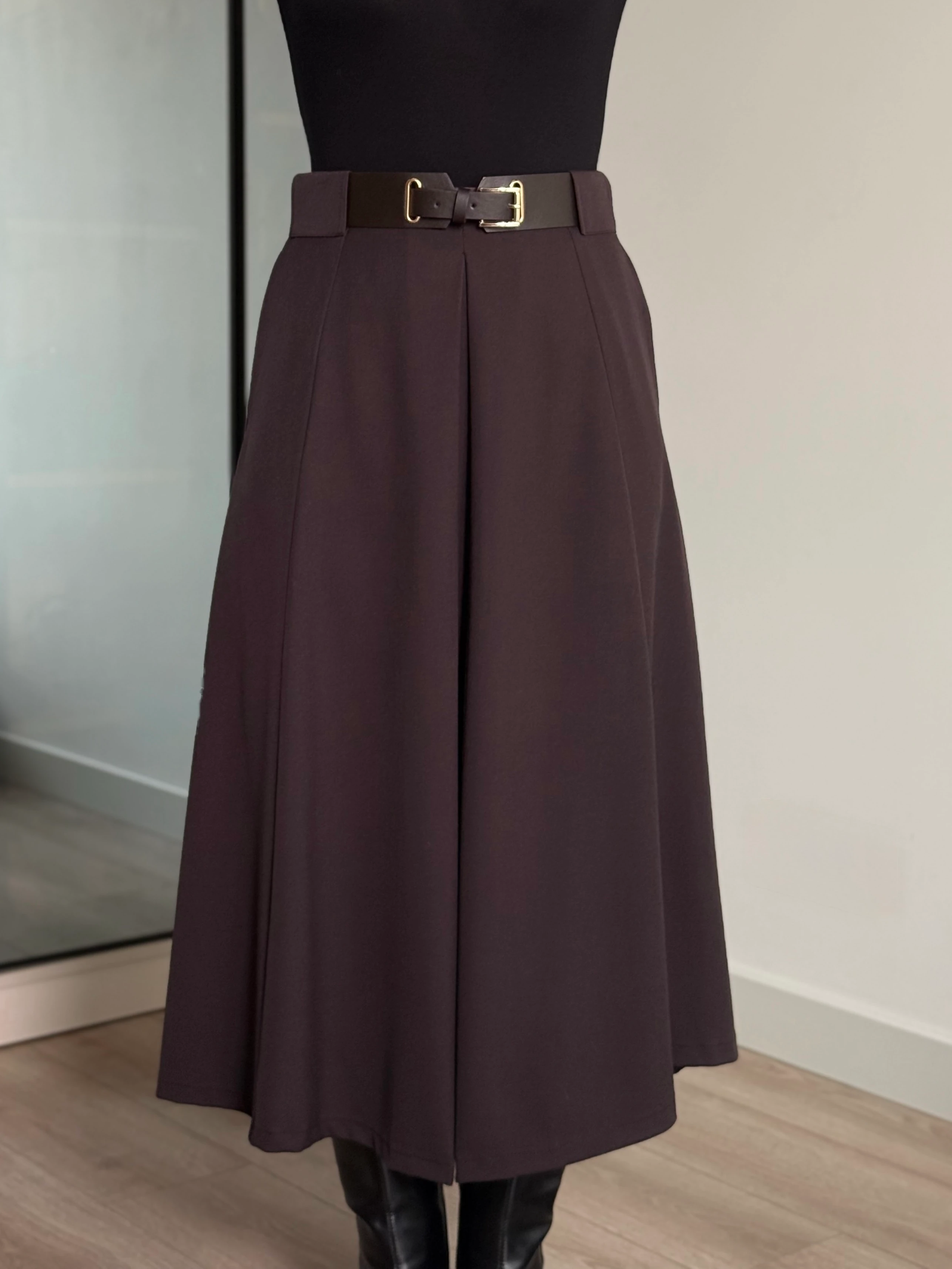 Kemerli Midi Boy Etek - kahverengi