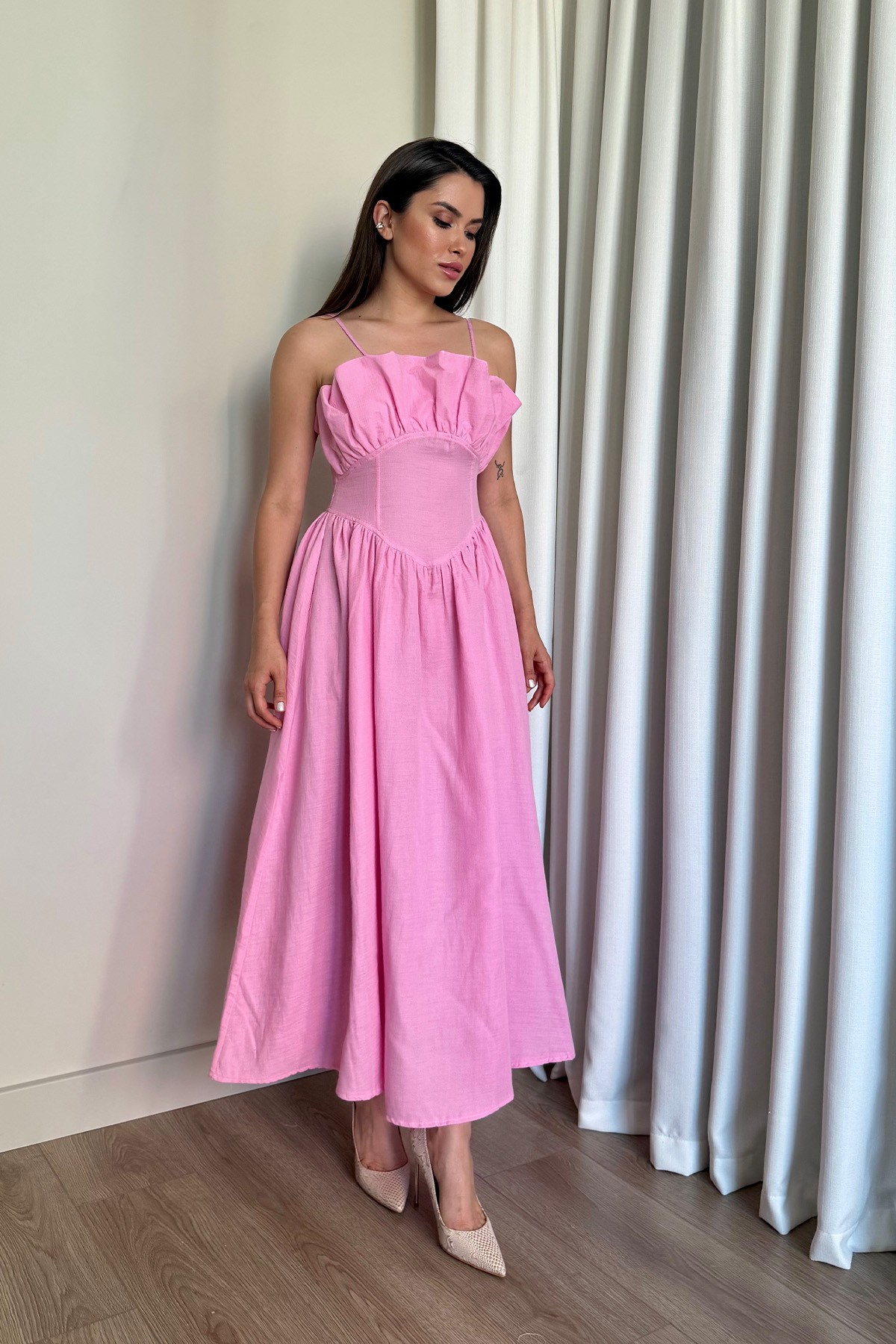 Korse Detay Midi Boy Elbise - Pembe