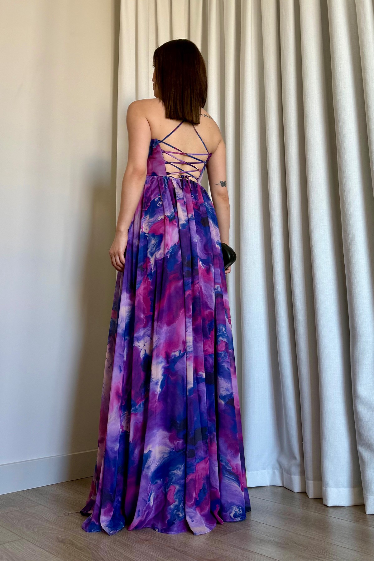 Batik Desenli Straplez askılı Abiye Elbise - Mor