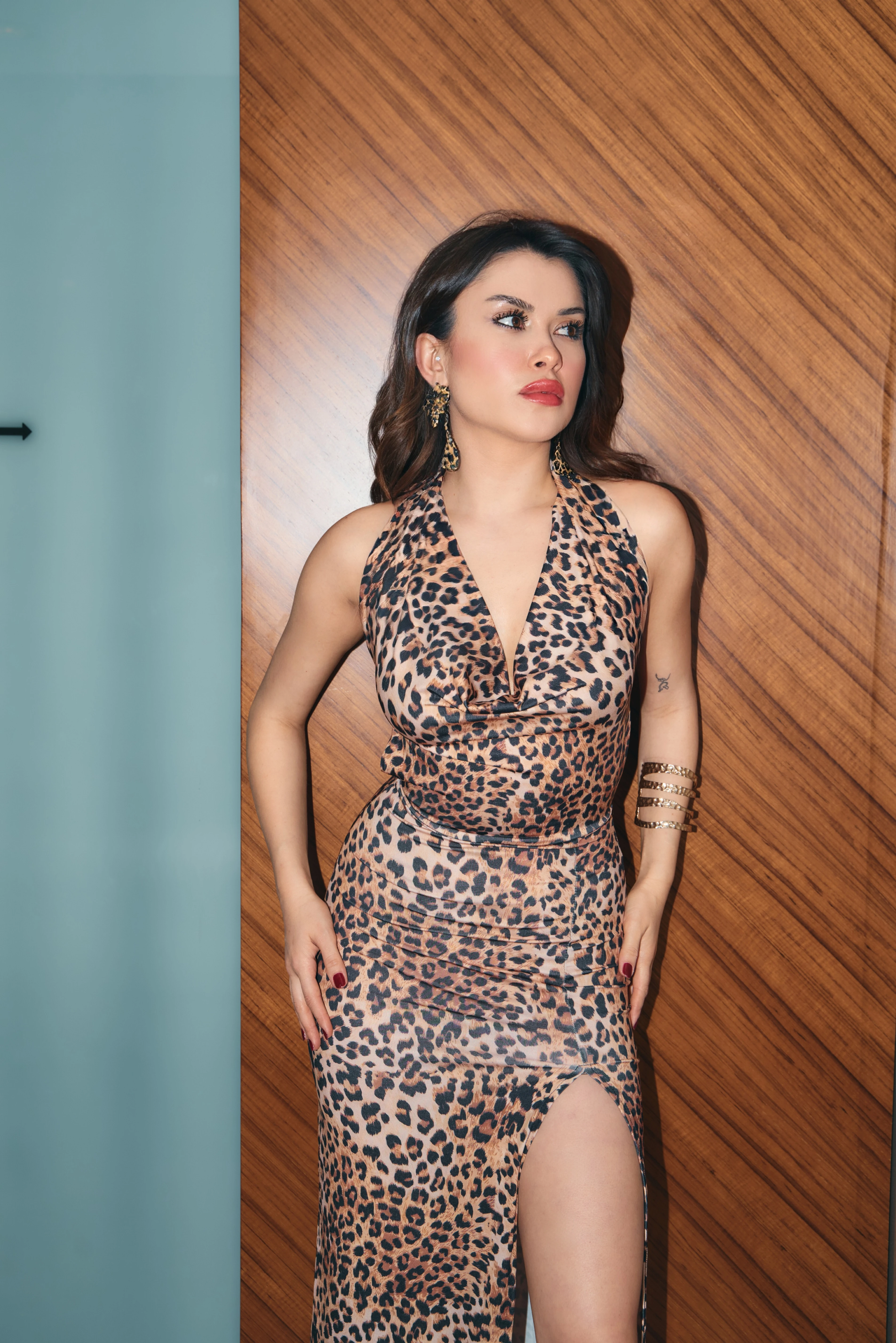 Degaje Yaka Derin Yırtmaç Elbise