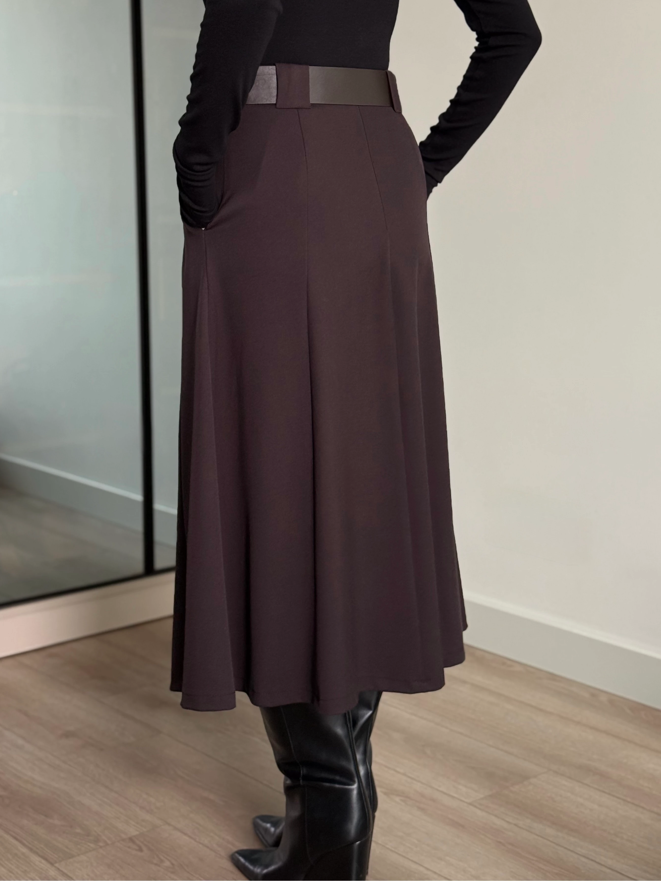 Kemerli Midi Boy Etek - kahverengi