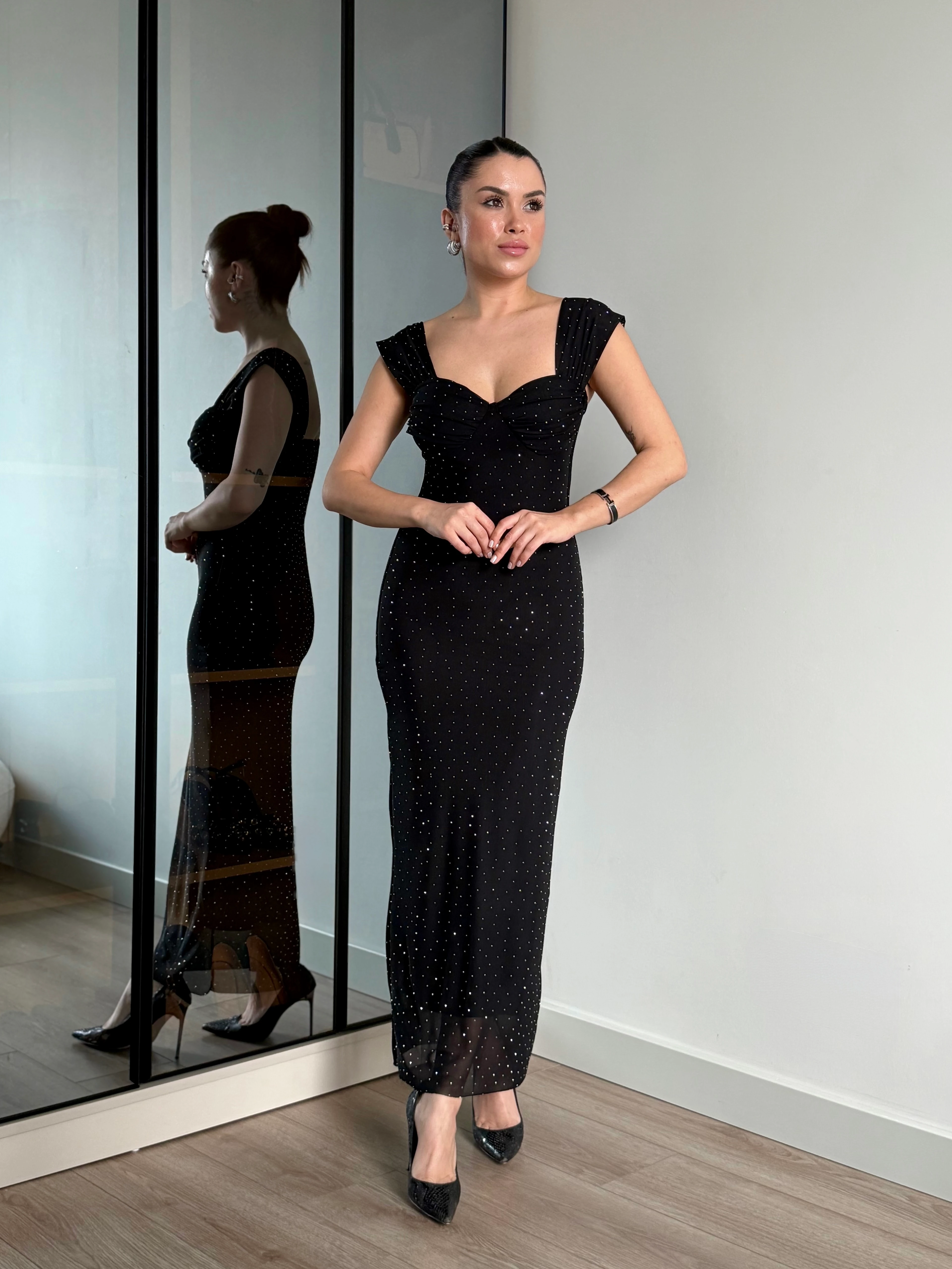 Kalın Askılı Taşlı Elbise 