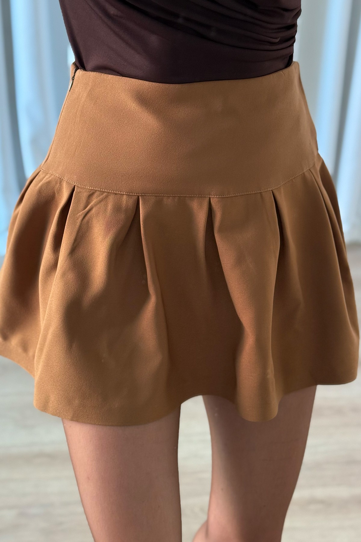 Mini Pileli Etek  - kahve