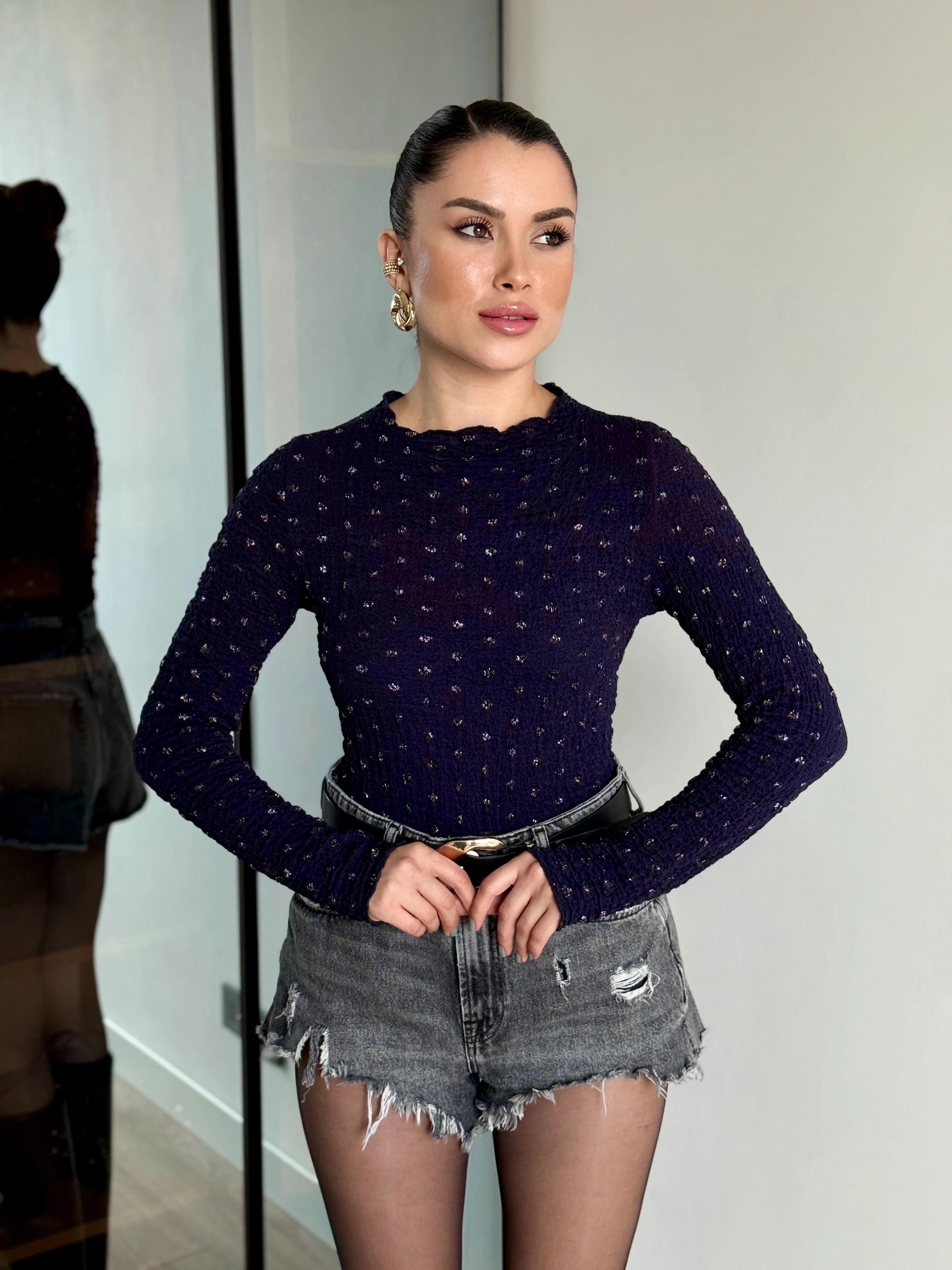 Simli Transparan Bluz - Lacivert