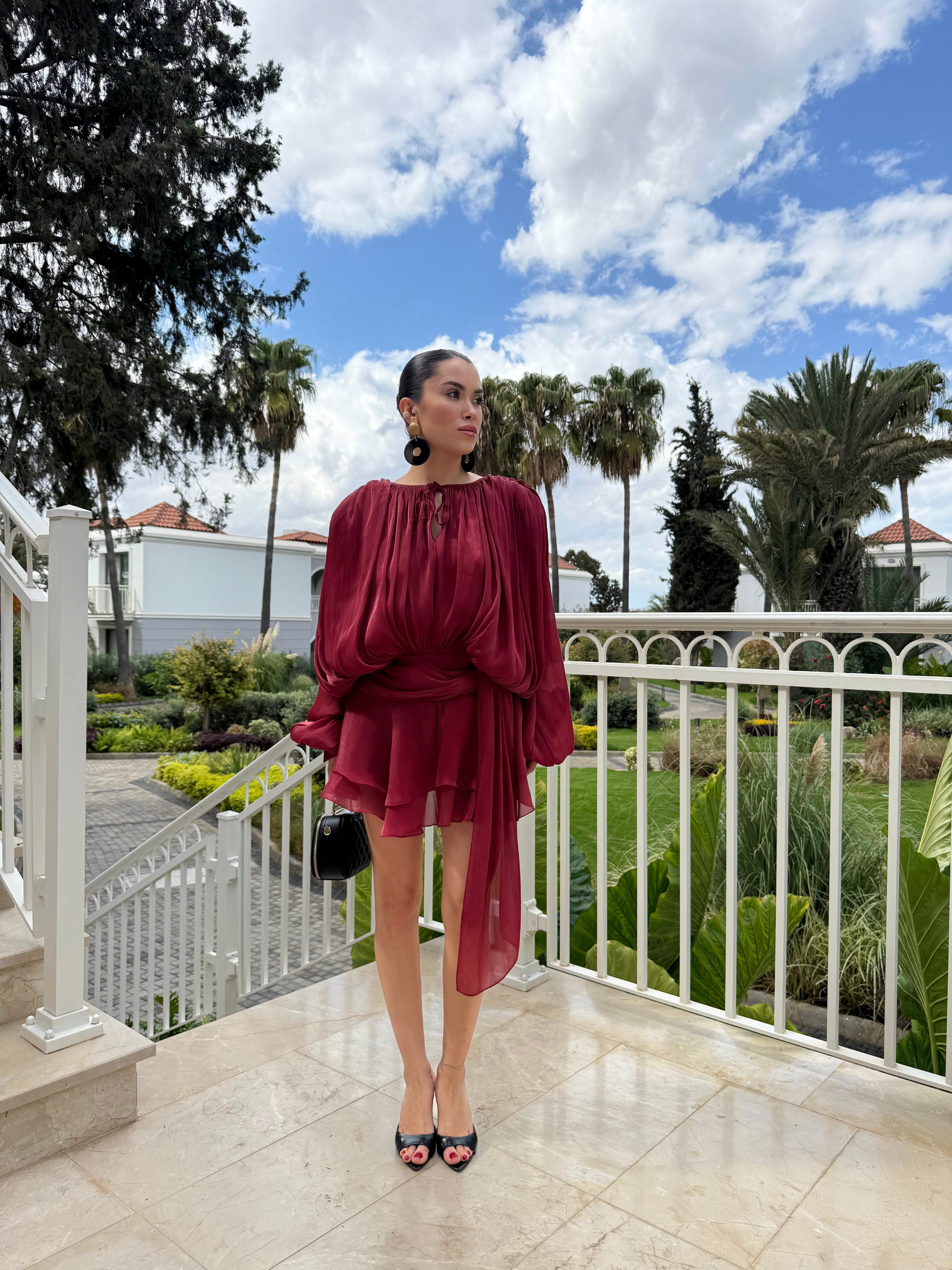 Kurdela Detay Şifon Elbise  - Bordo