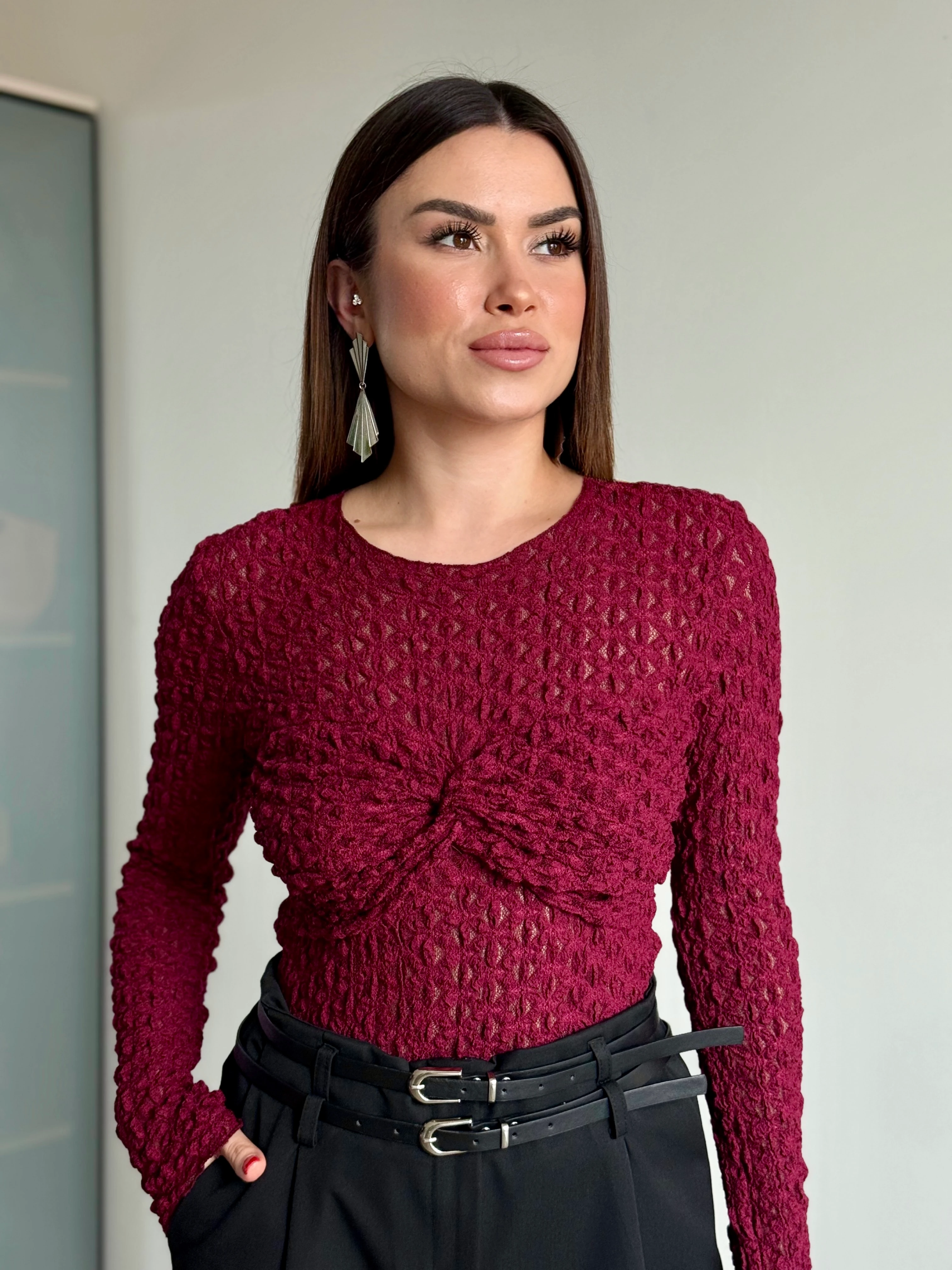 Dantel Uzun Kol Bluz - Bordo