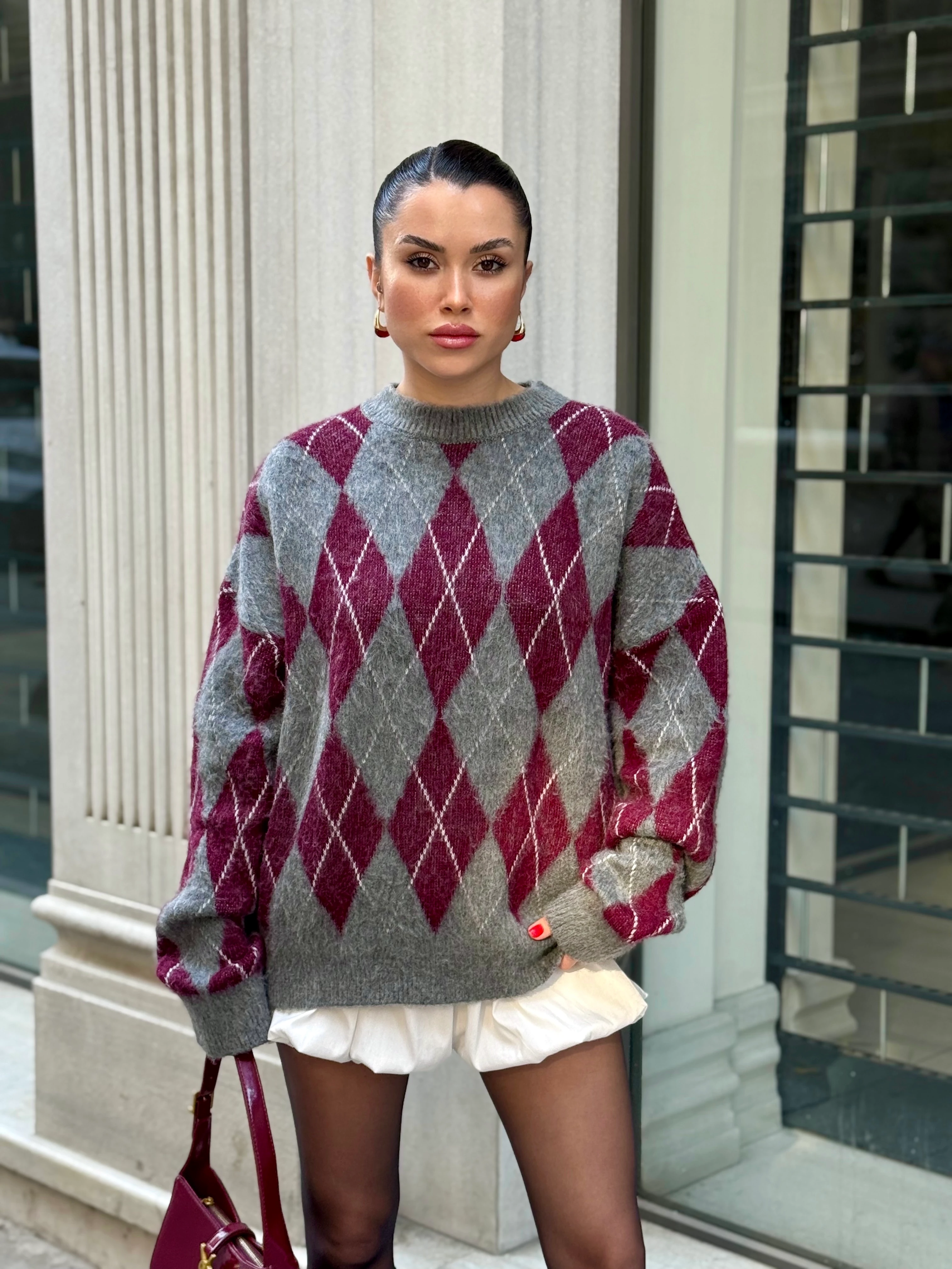 Bordo Gri Baklava Desen Kazak - Bordo