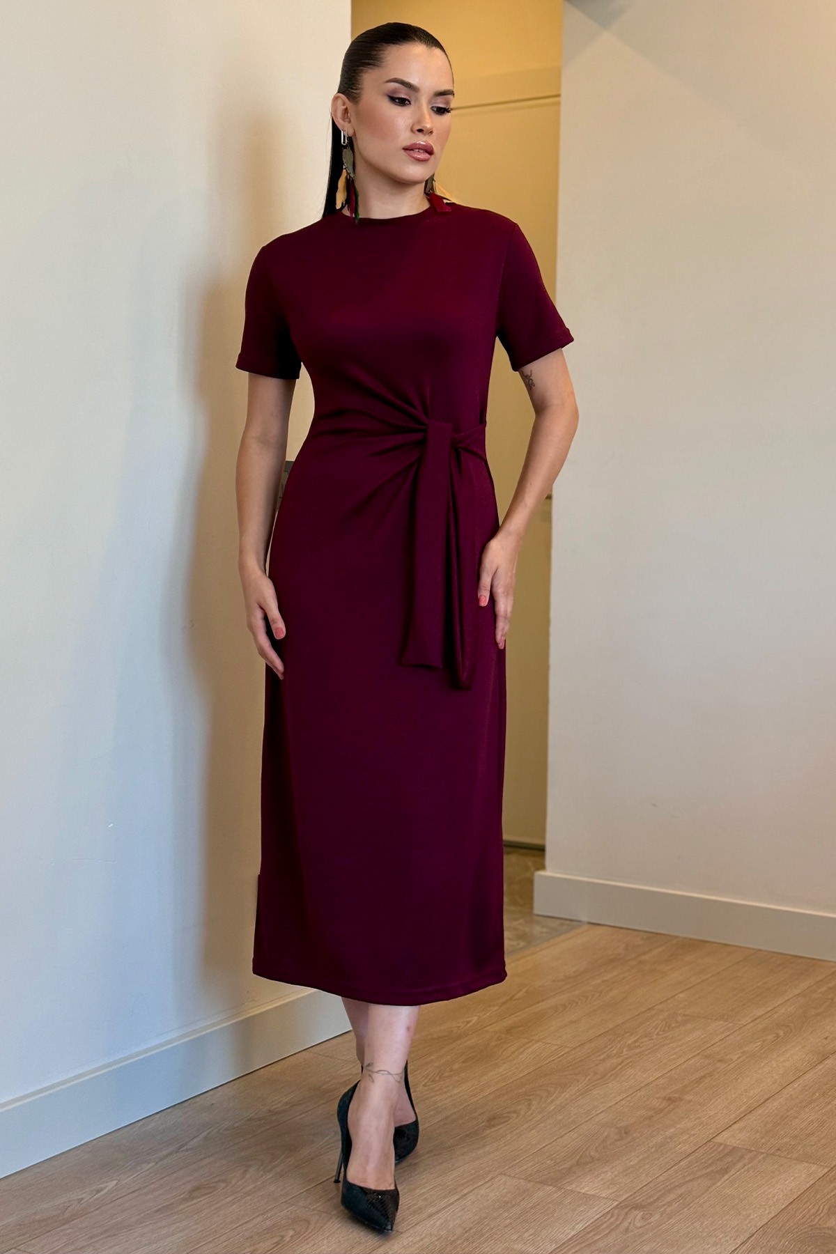 Düğüm Detay Elbise - Bordo