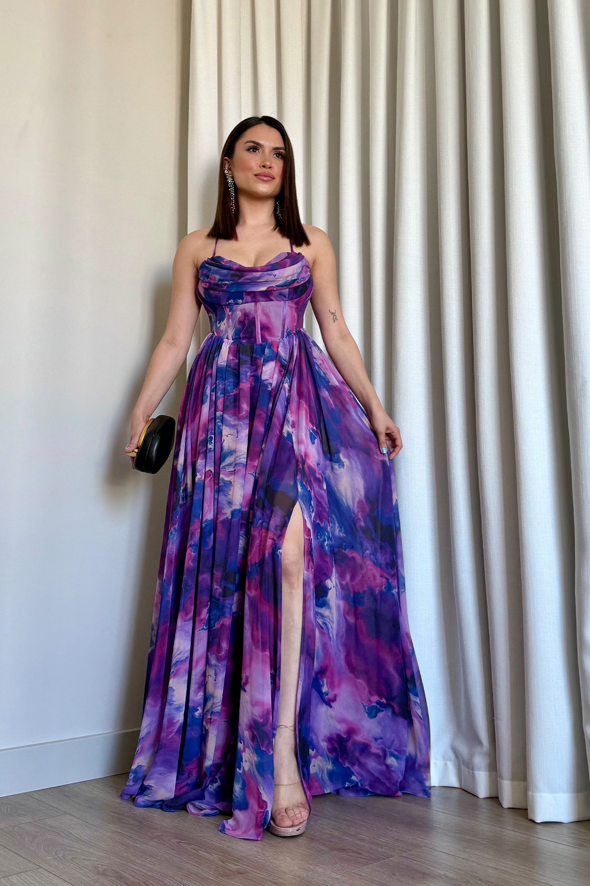 Batik Desenli Straplez askılı Abiye Elbise - Mor