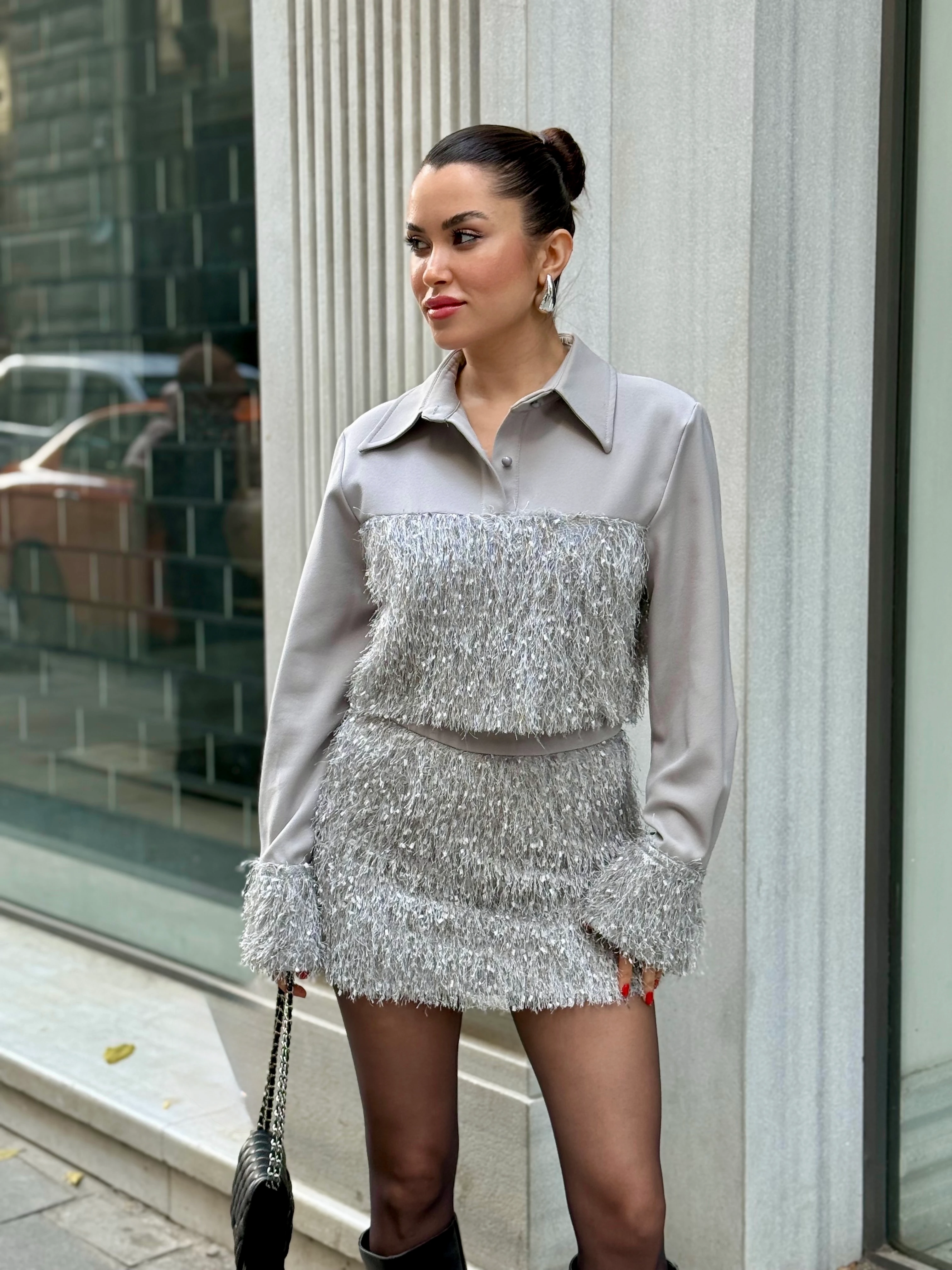 Saçaklı Etek Takım - Gri