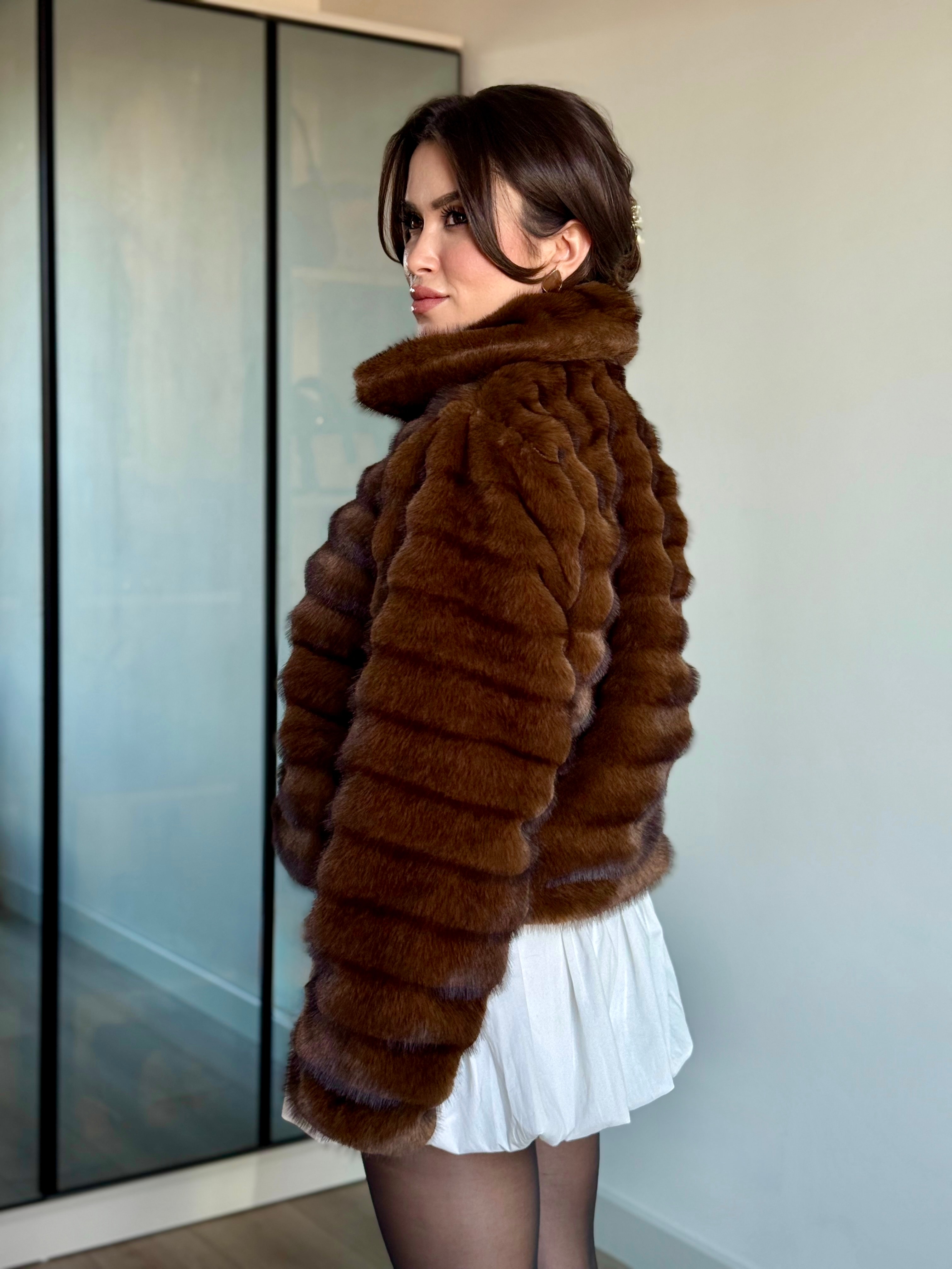 Fermuarlı Suni Kürk Kadın Ceket - kahverengi