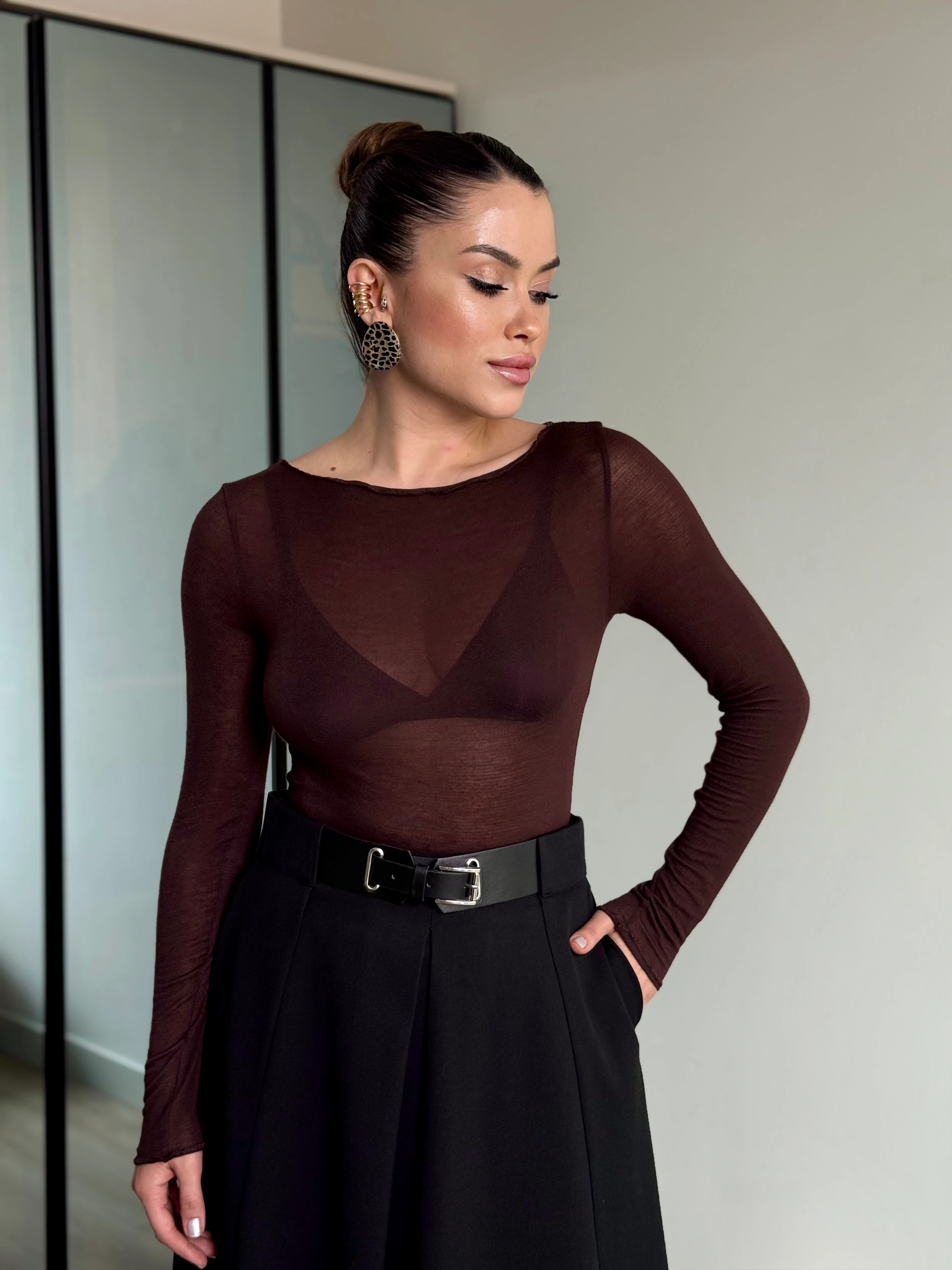 Transparan Uzun kol Bluz  - kahverengi